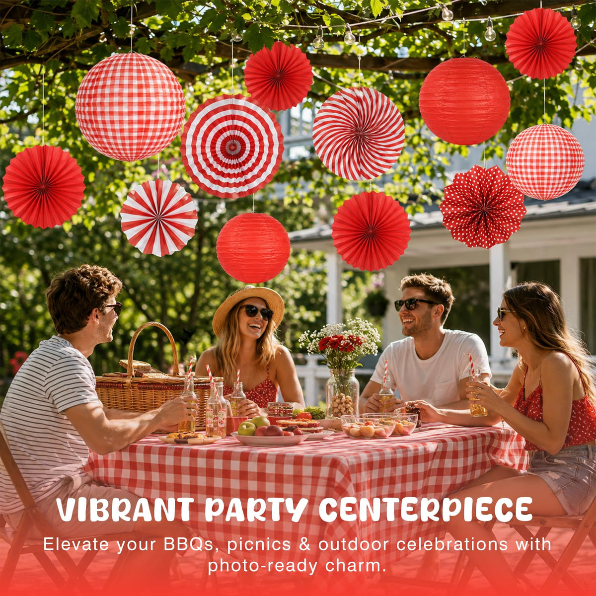 12 Pcs Red and White Checkered Paper Lanterns Set with - LuxDuo Official Imagery - 5