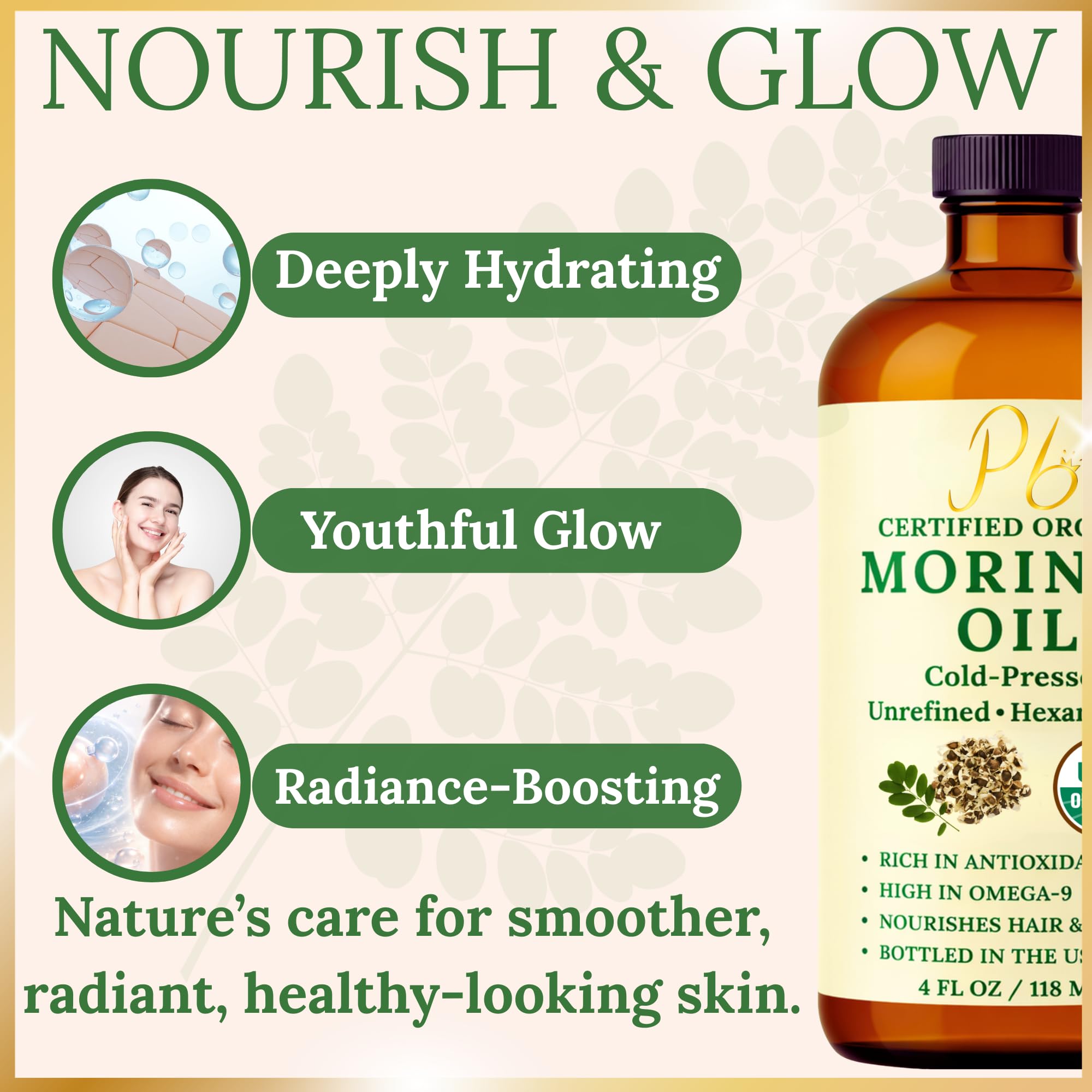 Pomberries Organic Moringa Oil in a 4oz bottle, natural moisturizer for face, skin, and hair with nourishing properties.