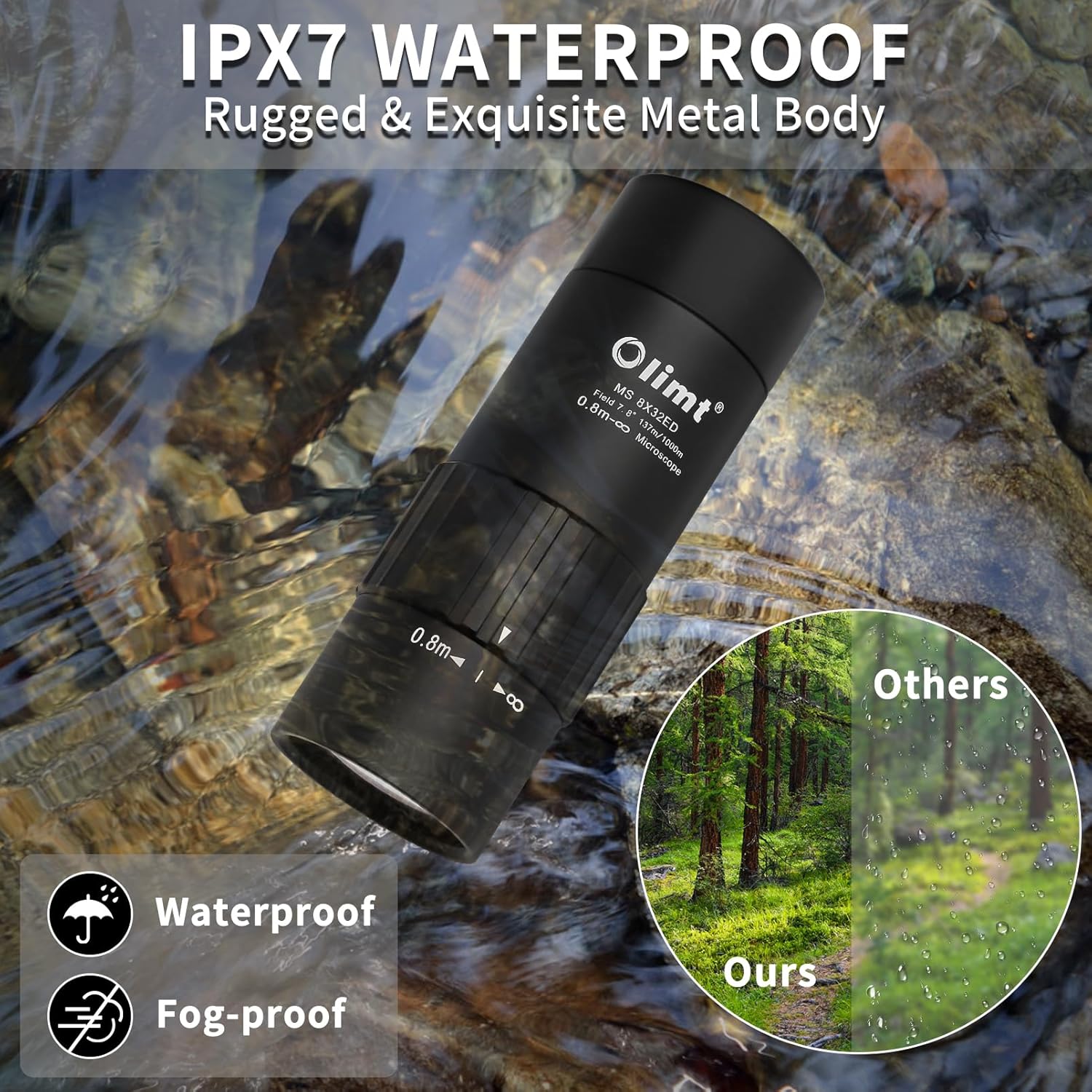 OLIMT 8x32 compact pocket monocular telescope with adjustable focus, small size, and lightweight design for outdoor viewing.