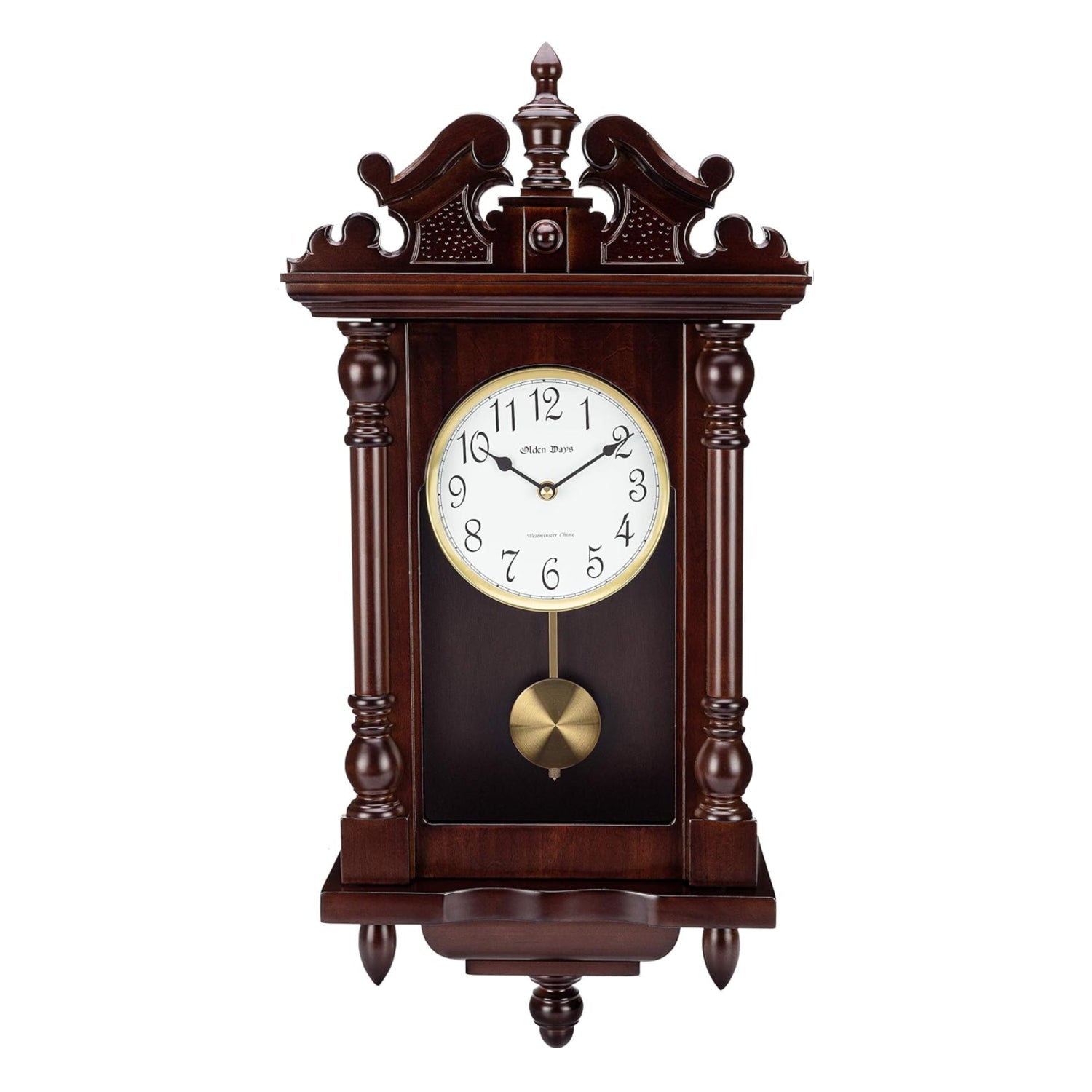 Vintage-style wall clock with real wood finish, swinging pendulum, four chime options, and antique design, 22-inch large size.