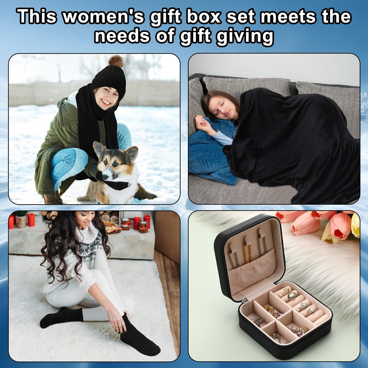 7 Pcs Winter Gift Set for Woman Hat Scarf Gloves Set Throw - Mumucove Official Imagery - 4