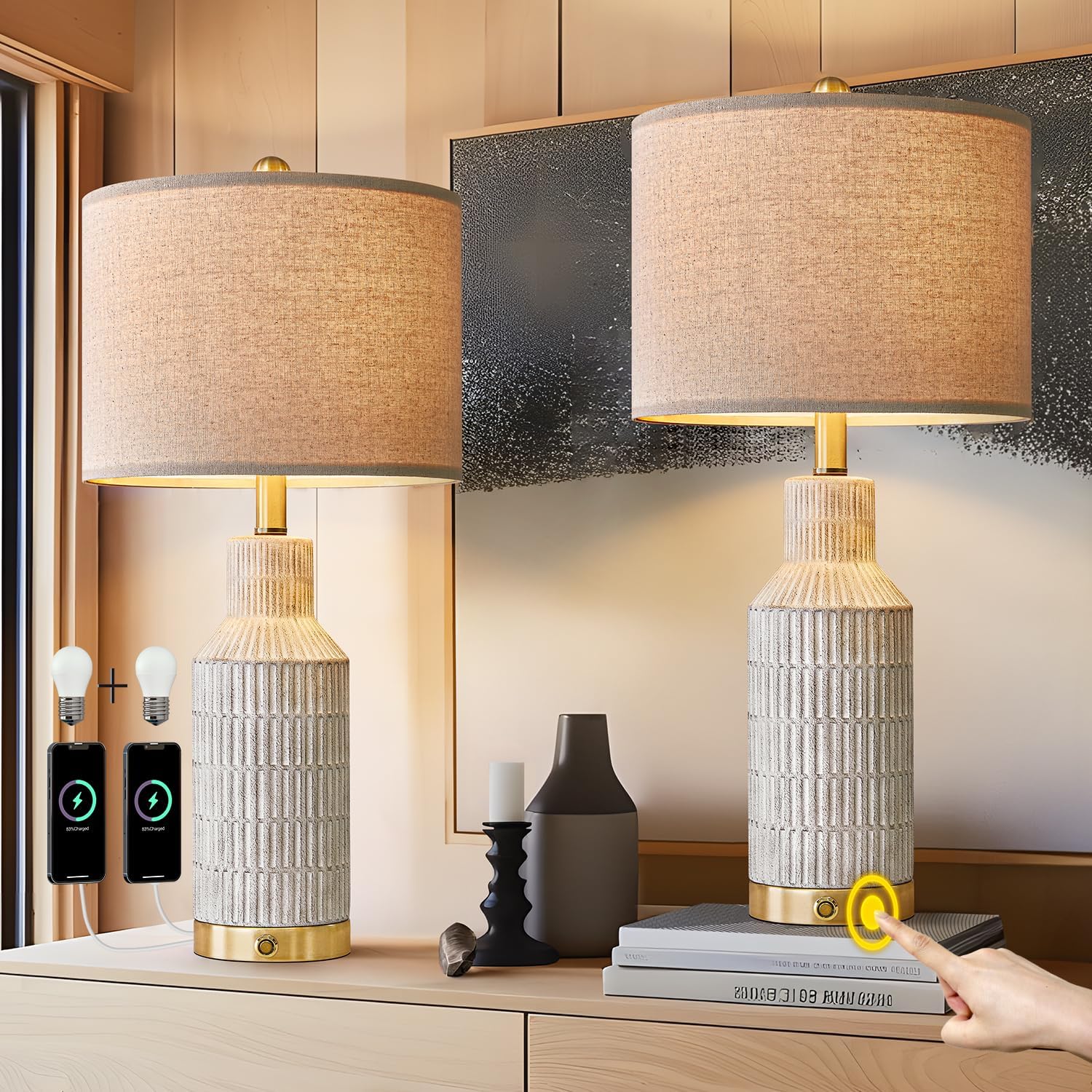 Set of 2 USumkky 25-inch modern bedside table lamps with cylindrical shades for living room or bedroom decor.