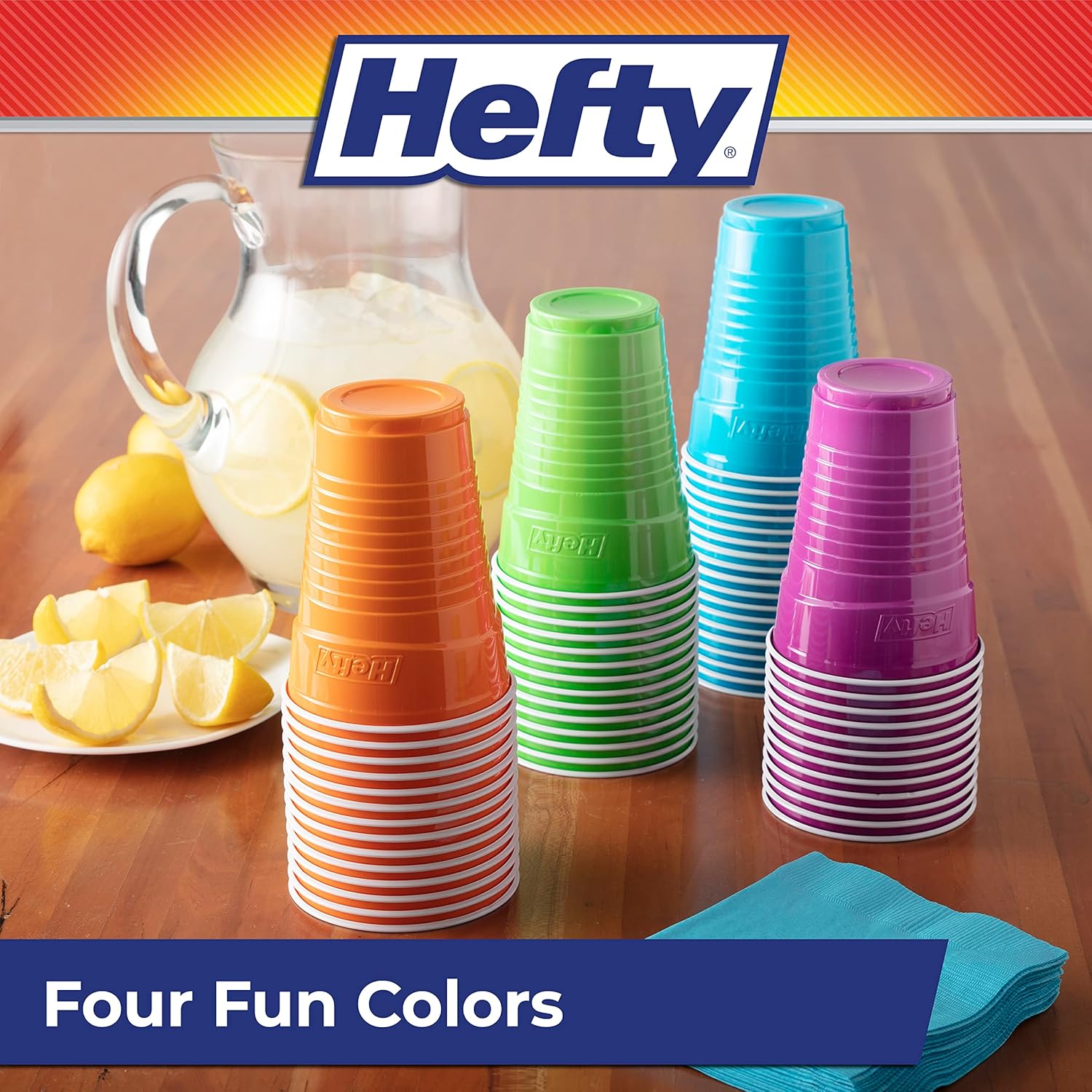 Set of 100 Hefty Party On disposable plastic cups, 16 oz, assorted colors, suitable for parties and gatherings.