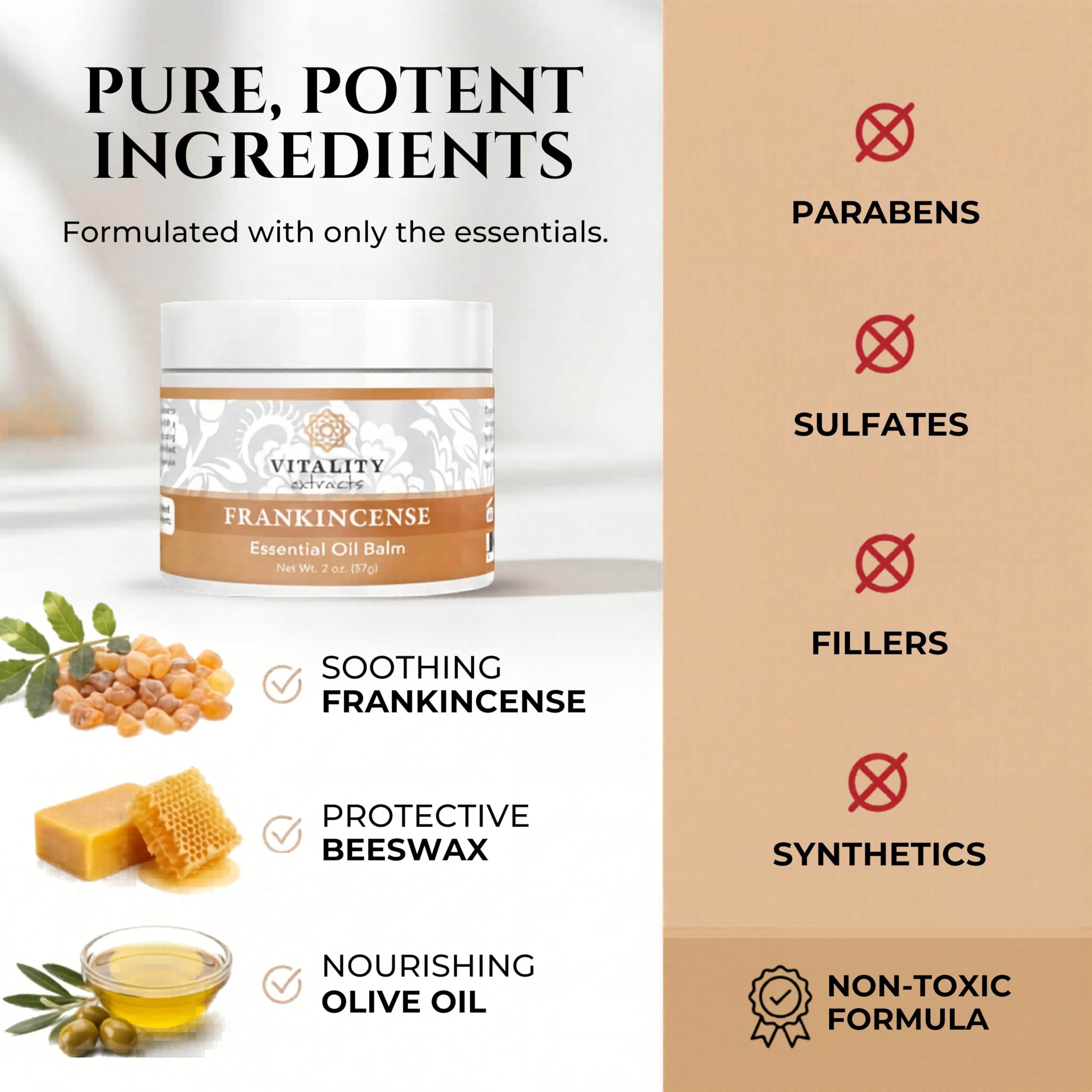 Vitality Extracts Frankincense Balm skin moisturizer with beeswax and vitamin E, creamy balm in a jar for nourishing skincare.
