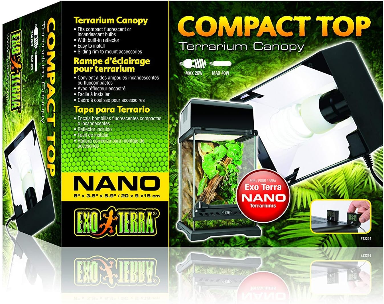Exo Terra Nano plastic canopy in black with polished chrome interior for PT2601 reptile enclosure, showing sleek, modern design.