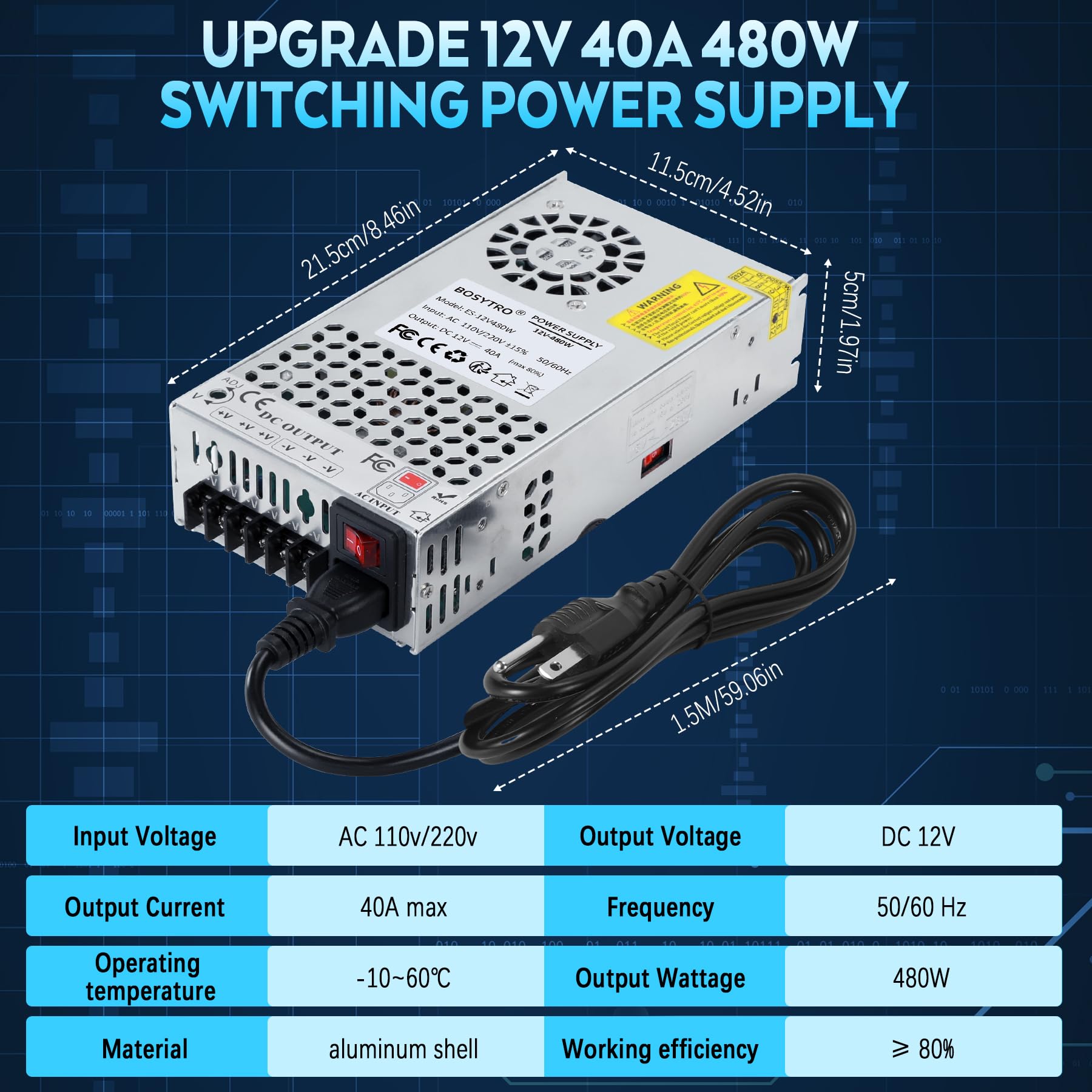 BOSYTRO Upgraded 12V DC Power Supply 480W 40A AC to DC Converter - BOSYTRO Official Product View 3