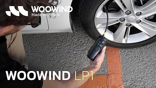 Woowind LP1 portable bike pump and tire inflator with digital display, suitable for car tires and quick inflation.