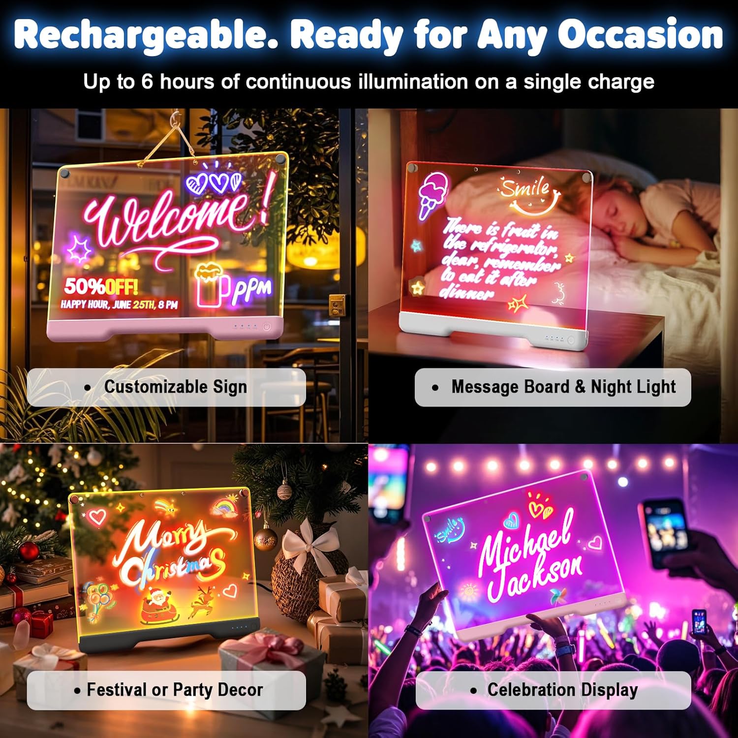 Geokay 16-inch rechargeable doodle glow LED note board with 9-color light modes, suitable for drawing and writing.