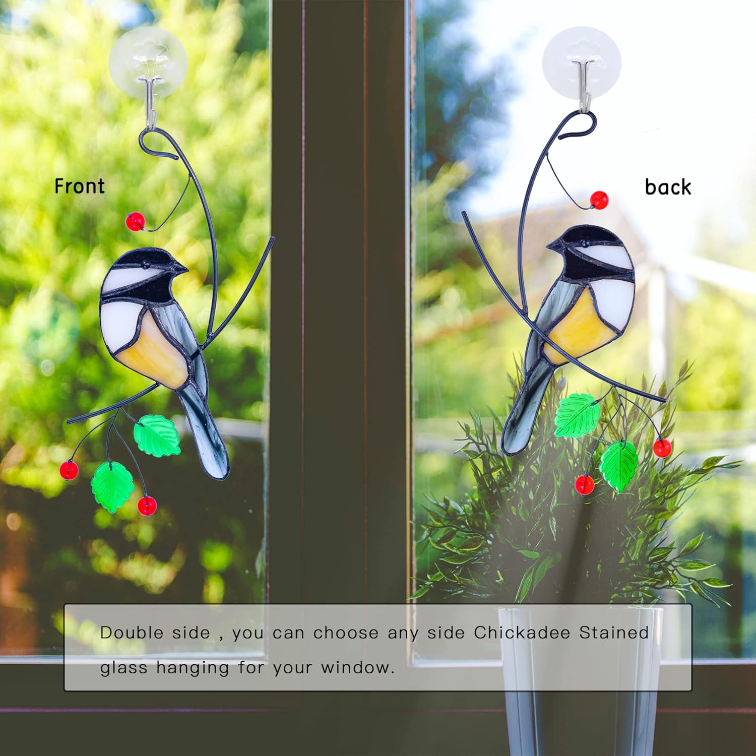 Lolitarcrafts Chickadee stained glass suncatcher bird hanging for window decoration with colorful stained glass design