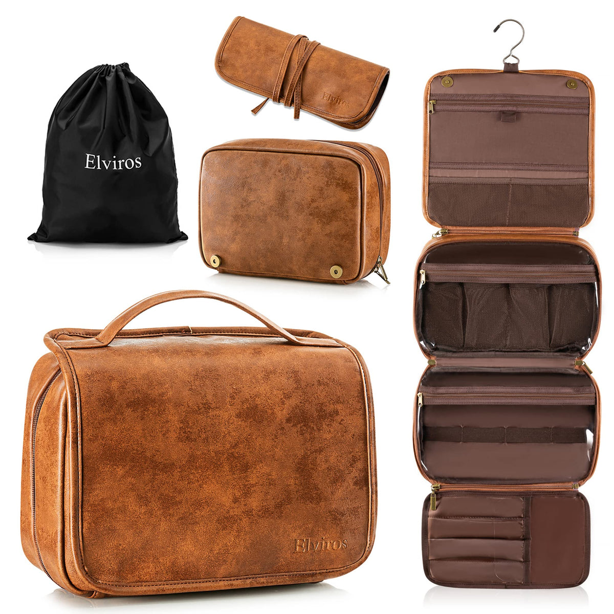 Elviros Hanging Toiletry Bag for Men PU Leather Shaving Dopp - Elviros Official Imagery - 1