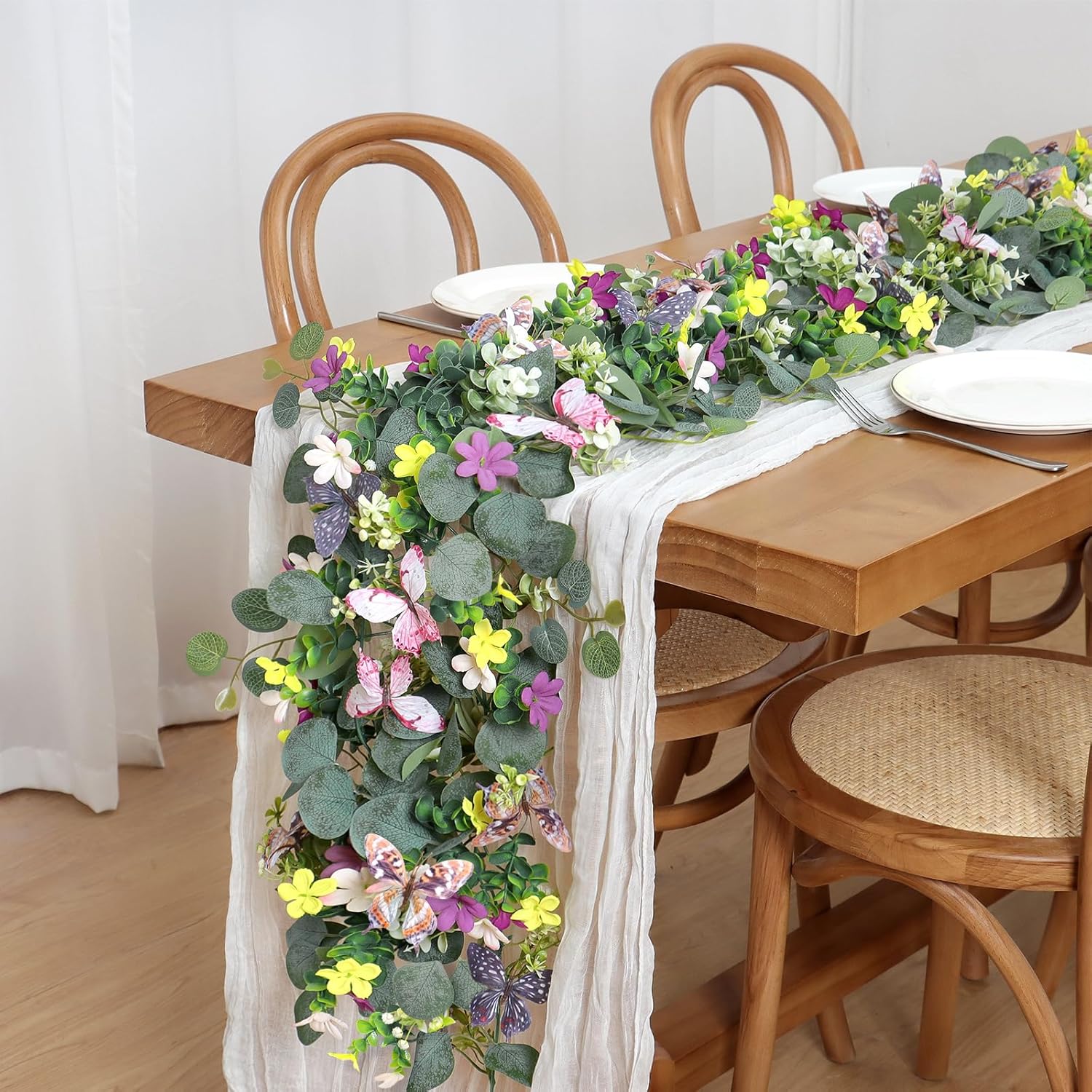 ASTNIC 2-pack 5.68 ft artificial daisy garland with 3D butterfly, hanging fake flowers for home decor or events