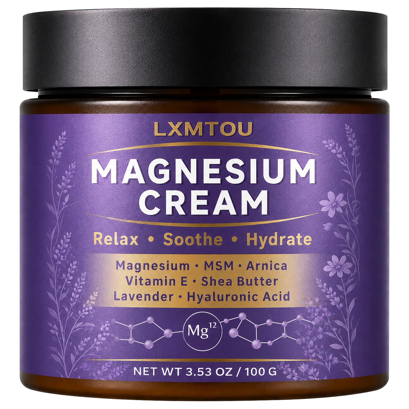 lxmtou Magnesium Cream with MSM and arnica, a skin moisturizer for sleep and muscle relief, shown in a tub with ingredients.
