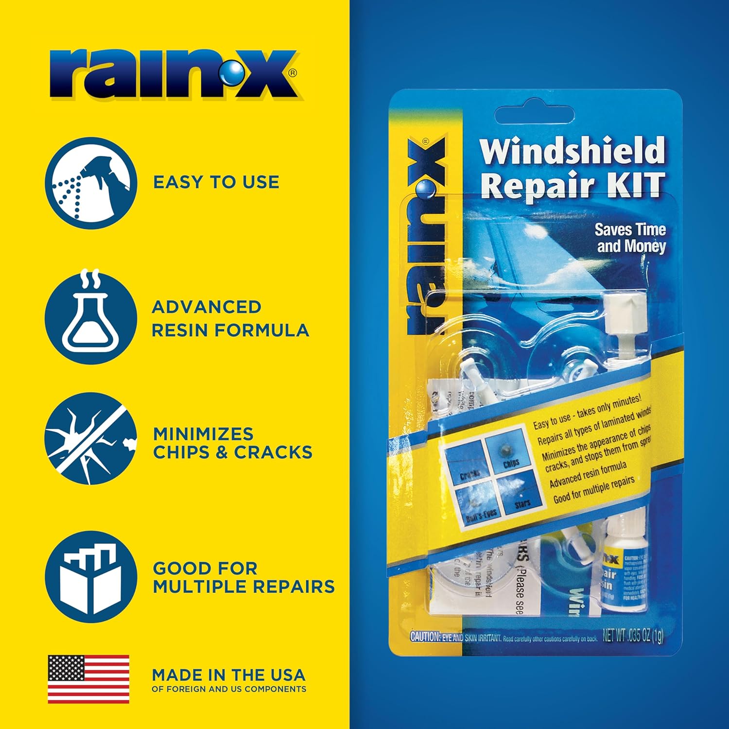 Rain-X windshield repair kit with durable resin, including tools and resin for quick, effective crack and chip repairs on car windshields.