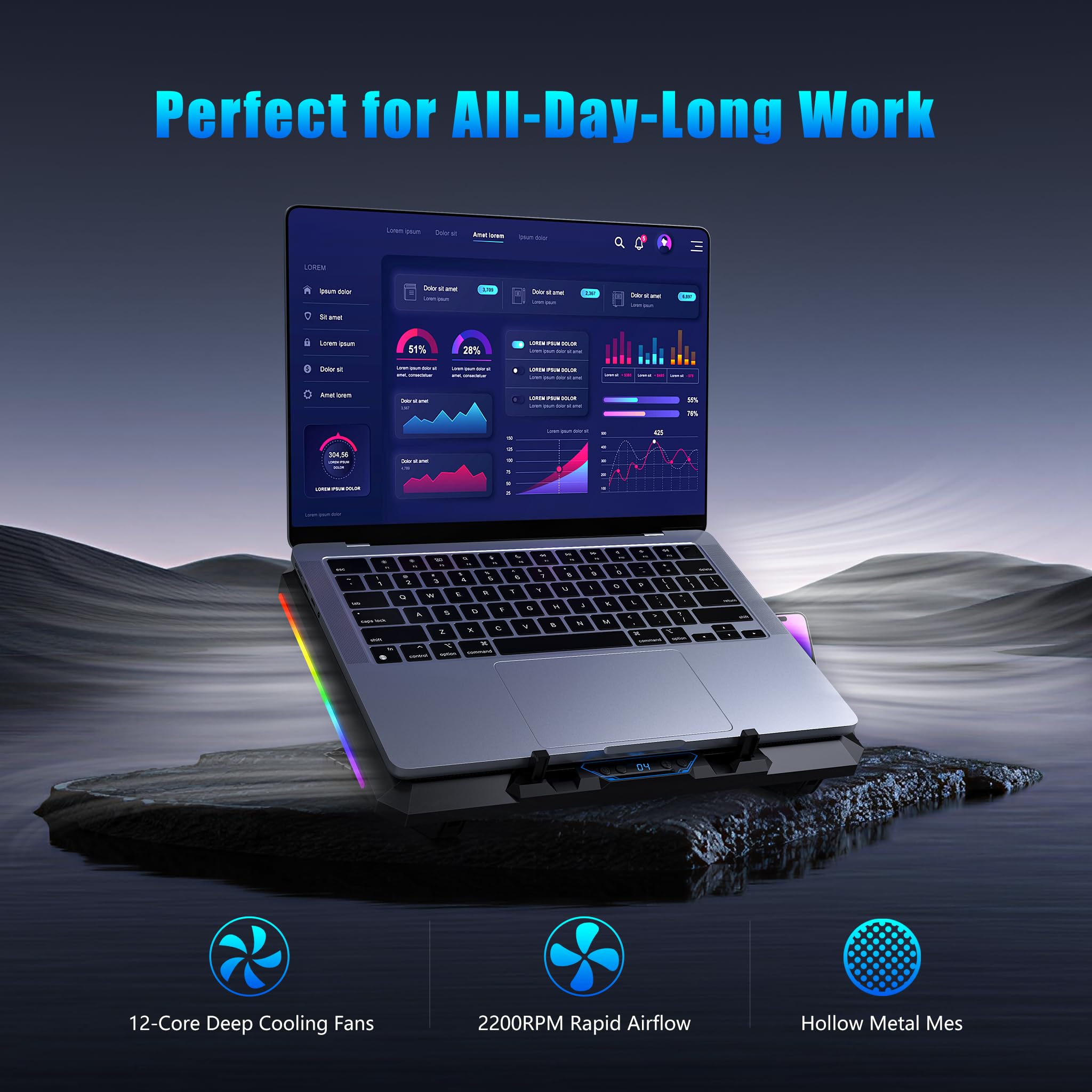 Trullypine Laptop Cooling Pad with 12 Quiet Fans, Slim Portable for 12-17.3 Inch Laptop Cooler Stand, RGB Lighting, with 5 Height Adjustable, Gaming Cooling Fan Pad,Two USB Ports, Phone Holder (LCD)