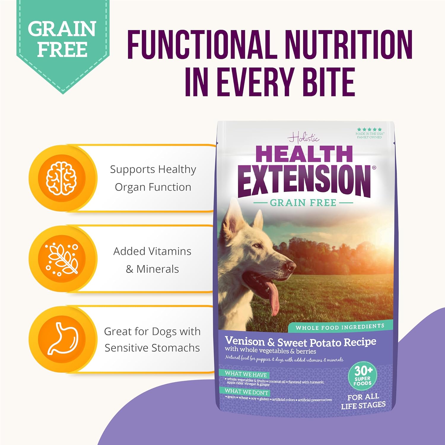 Health Extension dry dog food with venison, sweet potato, vegetables, and berries for puppies, 4 pounds of natural, vitamin-rich formula.