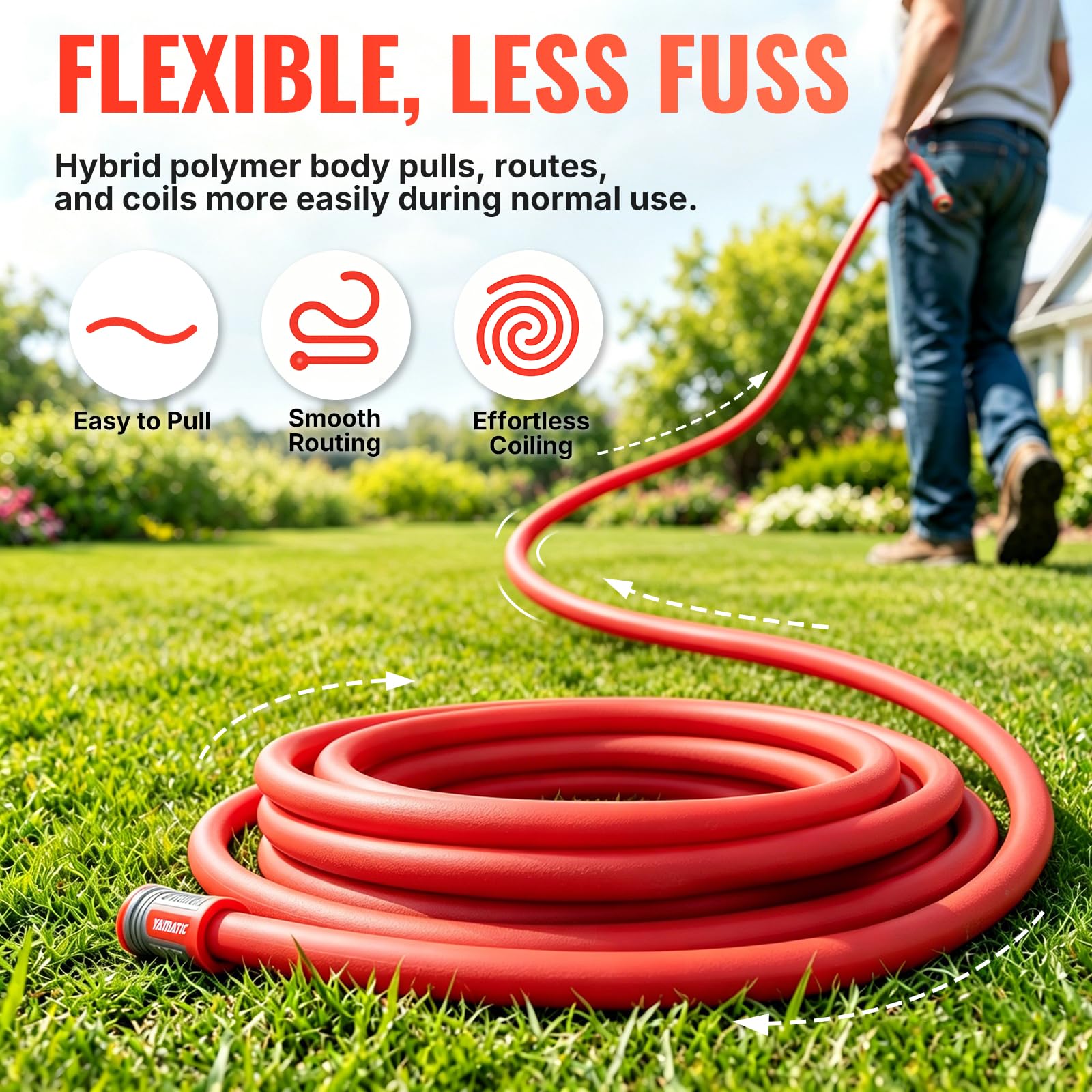 YAMATIC 100FT Flexible Garden Hose 5/8", Brass Swivel Handle Burs - YAMATIC Official Product View 3