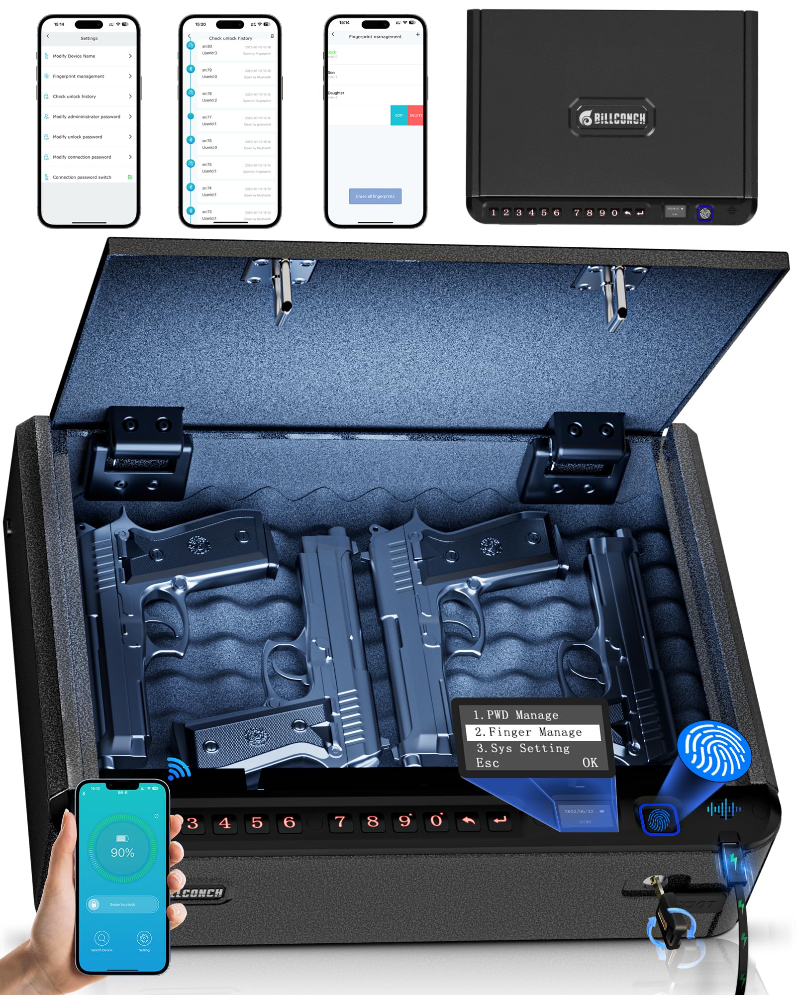 BILLCONCH Gun Safe for Handgun with Fingerprint, App, 0–9 Numeric Keypad - BILLCONCH Official Product View 10
