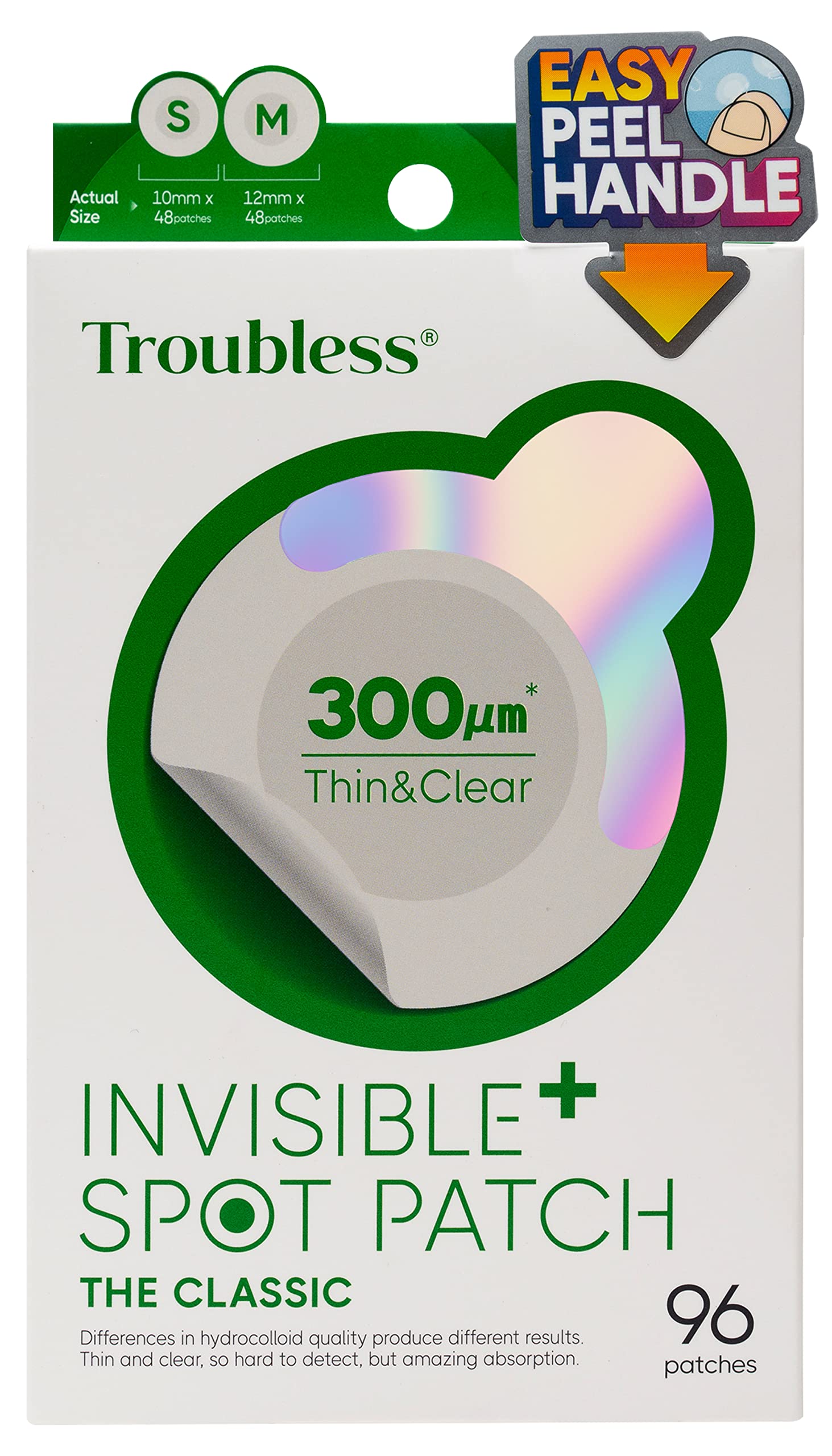 Invisible Pimple Spot Patch - Classic, Hydrocolloid Acne Patches for Face | Ultra Thin Acne Patches with Easy Peel Handle | Overnight Pimple Patches | 2 Sizes, 96 Count (Pack of 1) - Troubless Official Product View 2