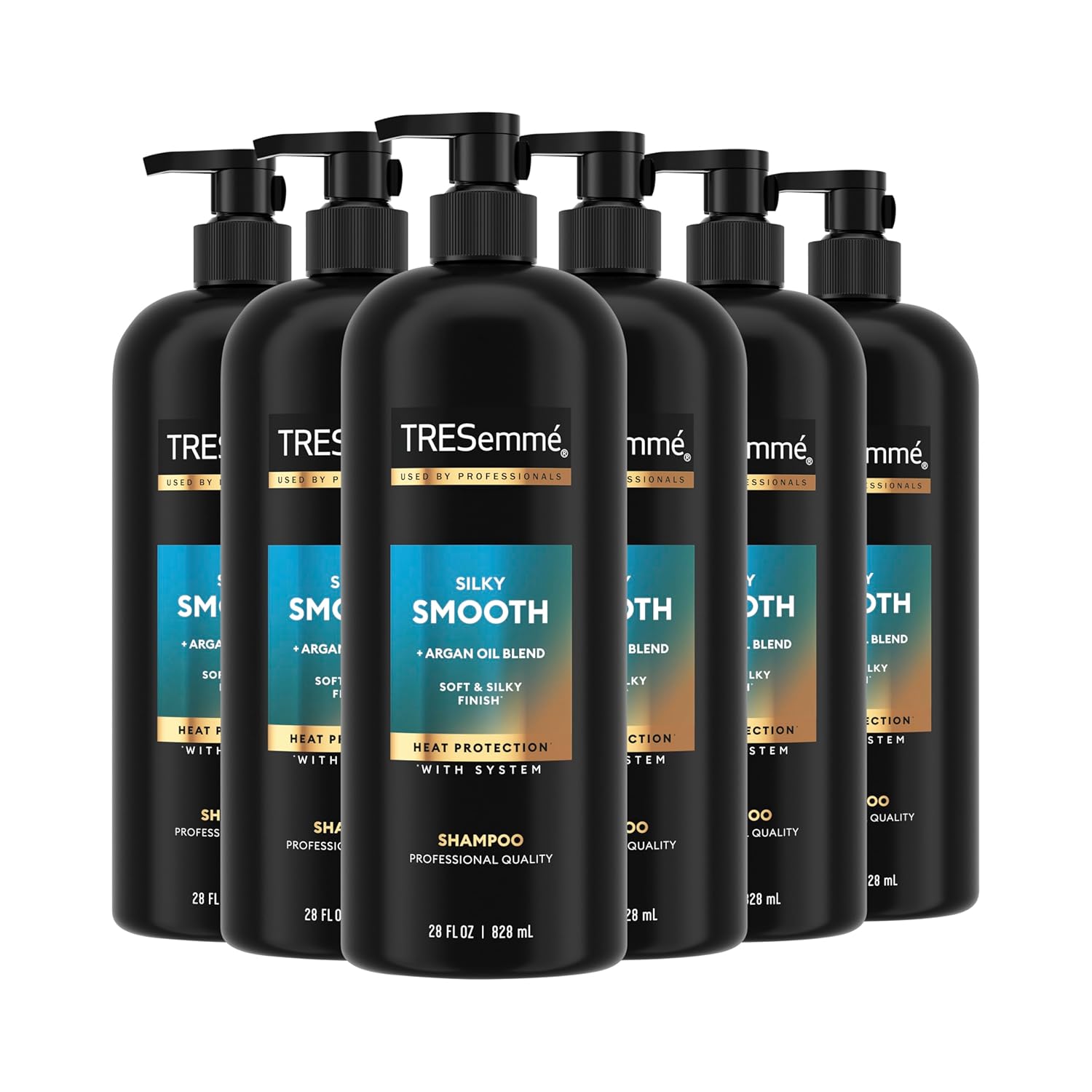 TRESemmé Silky & Smooth Anti-Frizz Shampoo for frizzy hair, 28 fl oz bottles, arranged in a pack of six, with sleek hair visible.