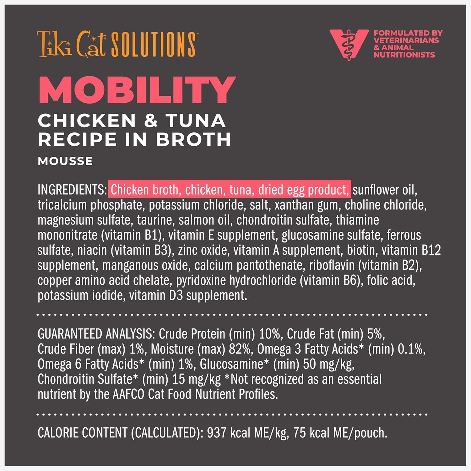 Tiki Cat Solutions Mobility Mousse in chicken and tuna flavor, 2.4 oz pouch, featuring the product packaging with cat food images