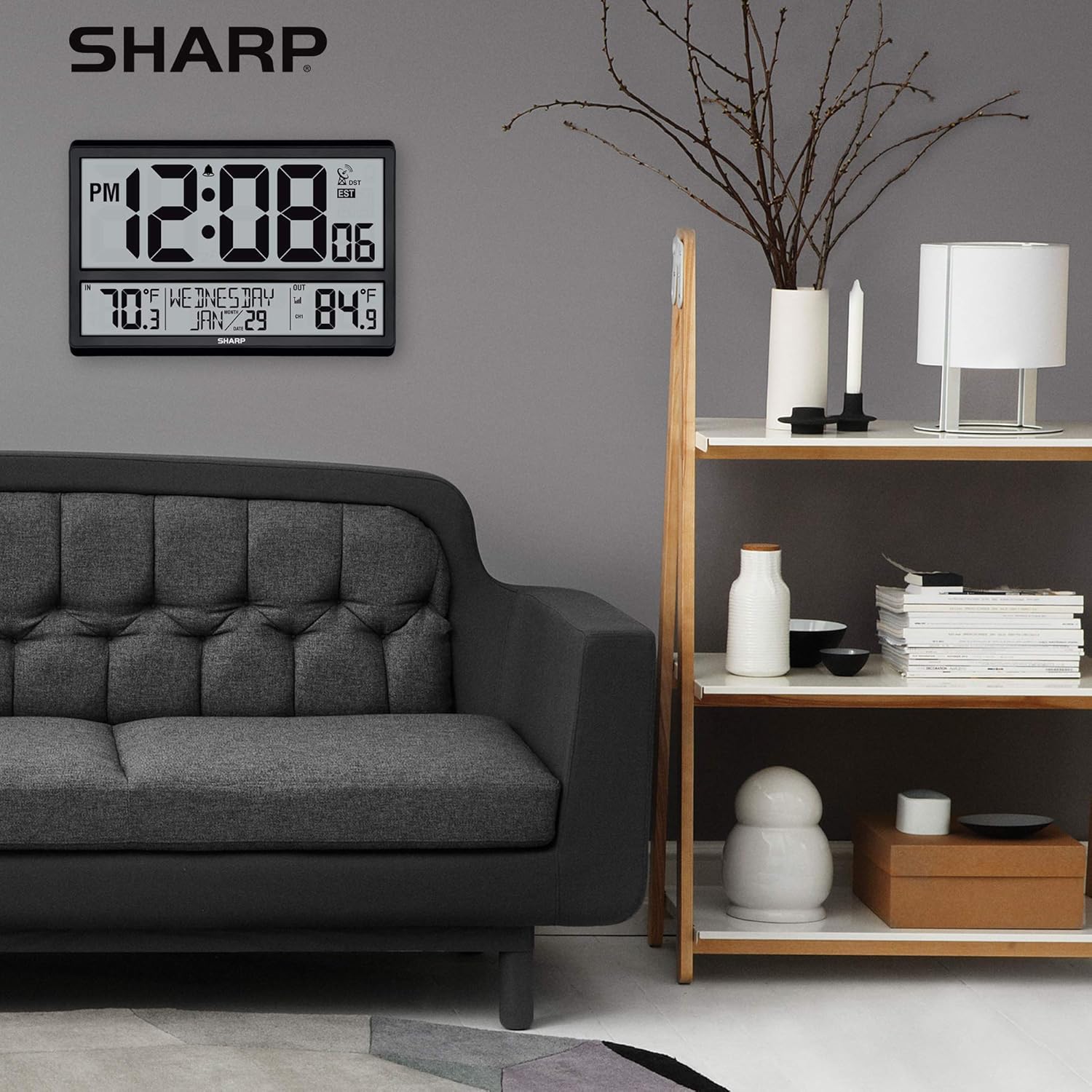 Sharp atomic clock with easy-to-read numbers, indoor and outdoor display, never needs setting, precise time from atomic signal.