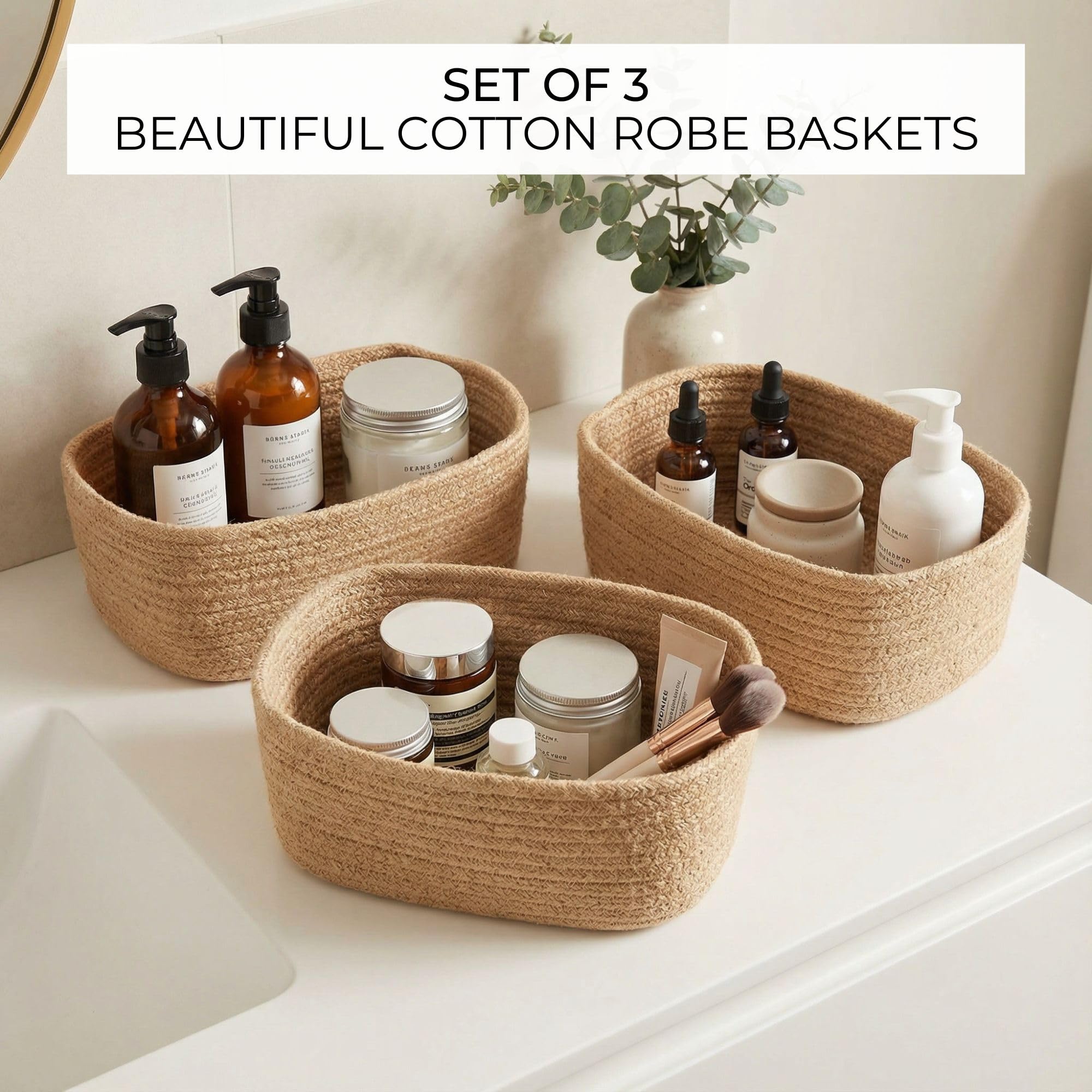 ZICOTO Beautiful Storage Basket Set of 3 - Sturdy Jute Rope Baske - ZICOTO Official Product View 4
