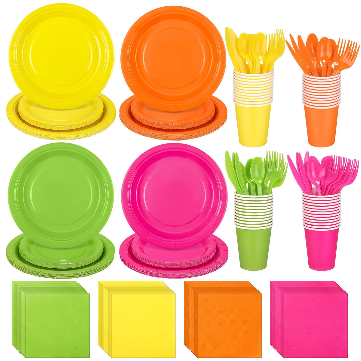 durony 350 Pieces Neon Party Supplies Paper Plates Serve 50 - durony Official Imagery - 1