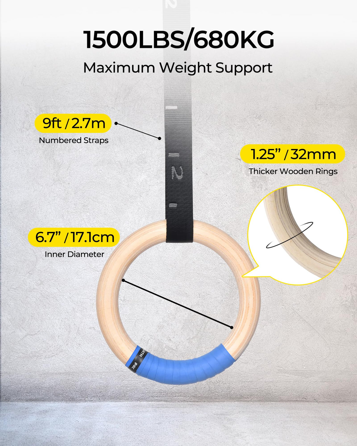 Gymnastics Rings Wooden Olympic Rings 1500 1000lbs with - PACEARTH Official Imagery - 4