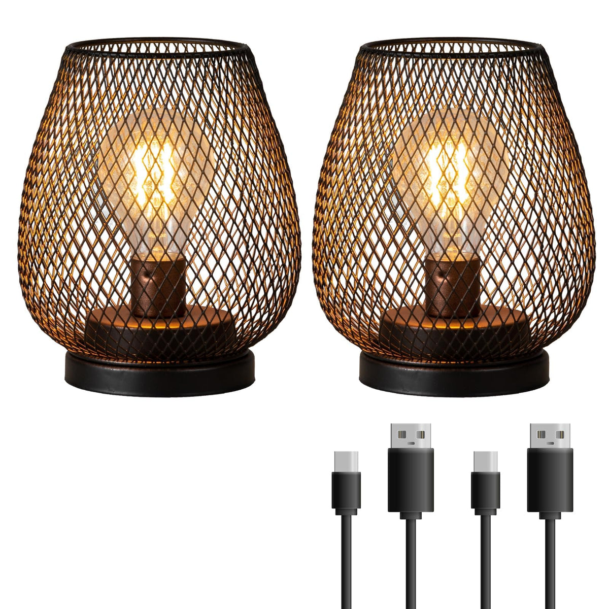 Set of 2 Rechargeable Lamp LED Table Lantern Brown Metal - DECORKEY Official Imagery - 1