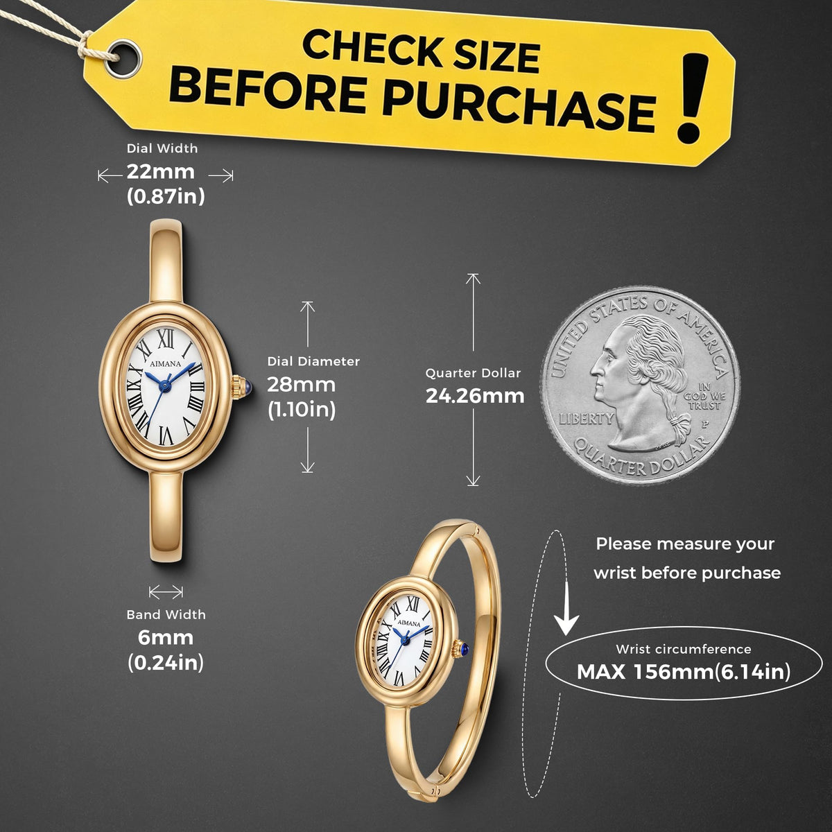 Gold Bangle Watch for Women Vintage Oval Dial Roman Numerals - VORSEL Official Imagery - 4