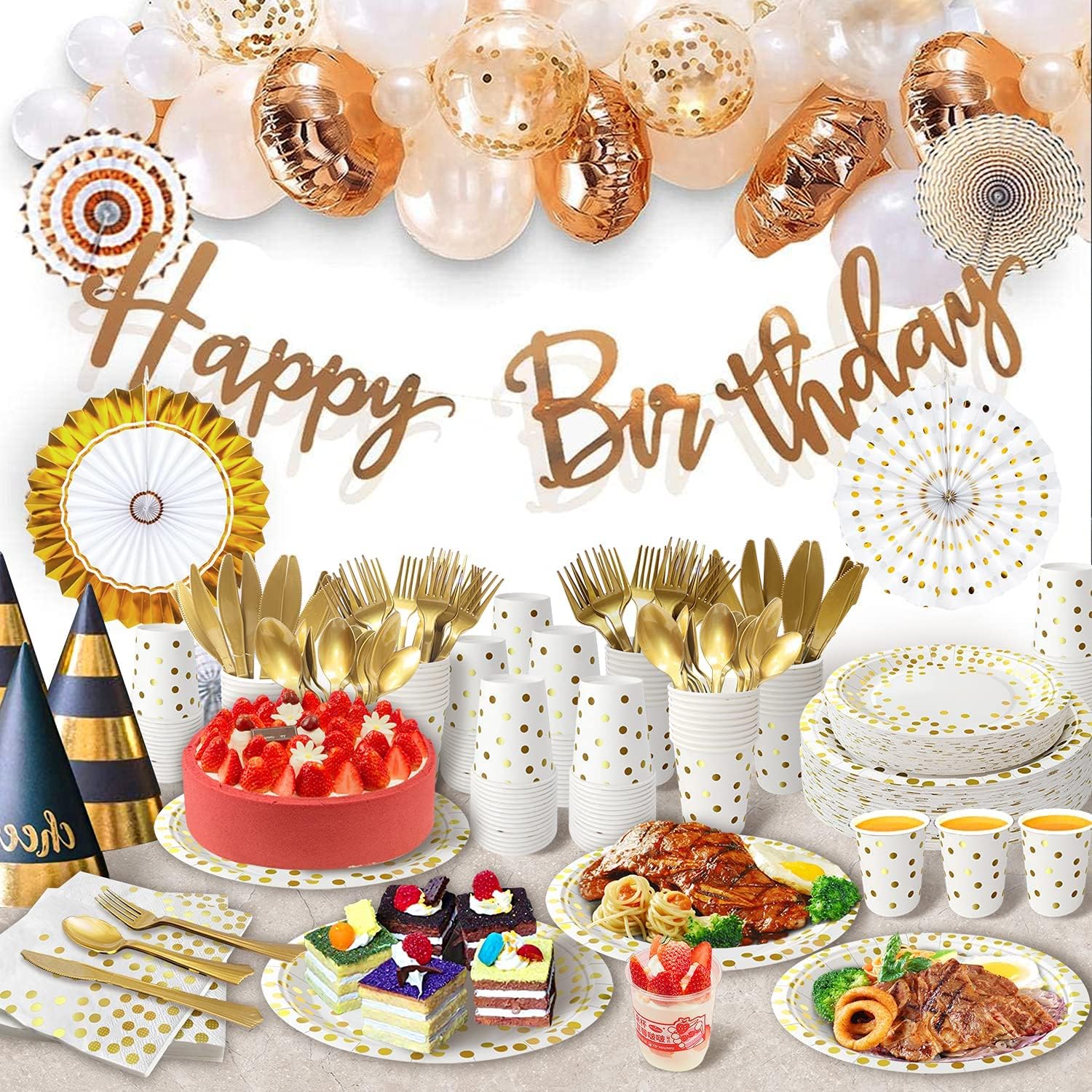 AIRE 175-piece white and gold paper plates set for party supplies, featuring elegant designs for 25 guests.