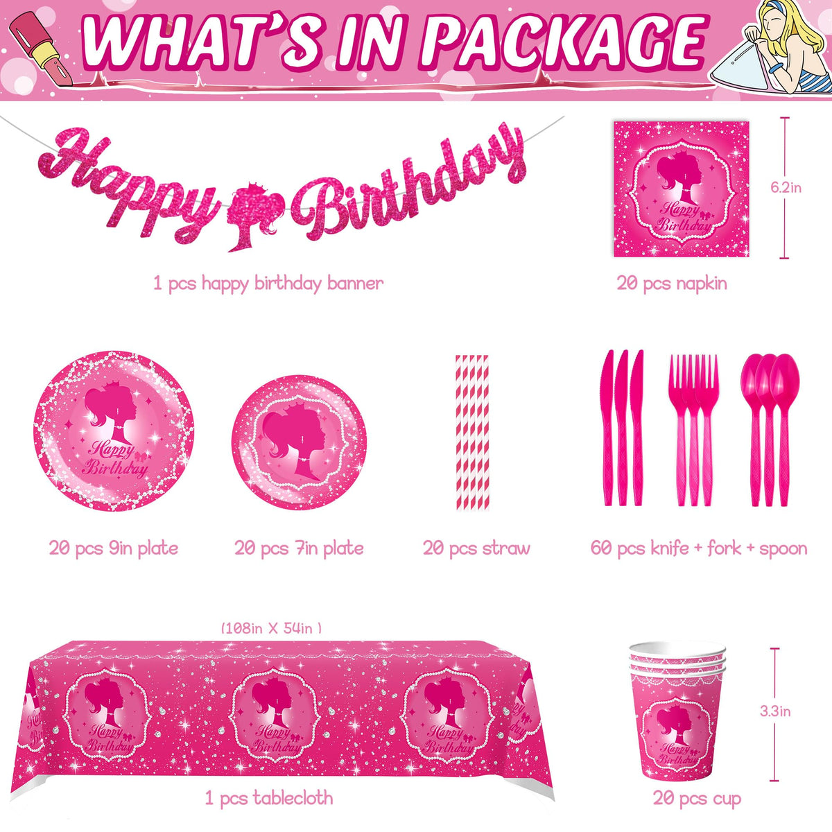 162 Piece Hot Pink Birthday Tableware Set for 20 Guests - JOLJUMP Official Imagery - 3