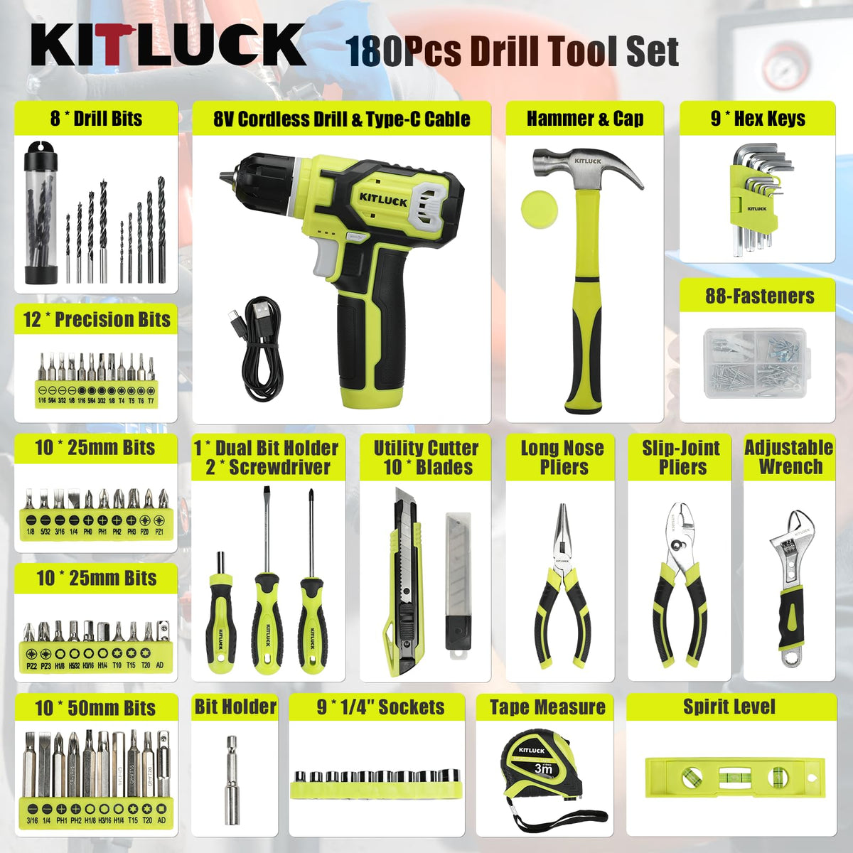 Power Drill Set 180Pcs Home Hand Tool Kit with 8V Drill - KITLUCK Official Imagery - 3