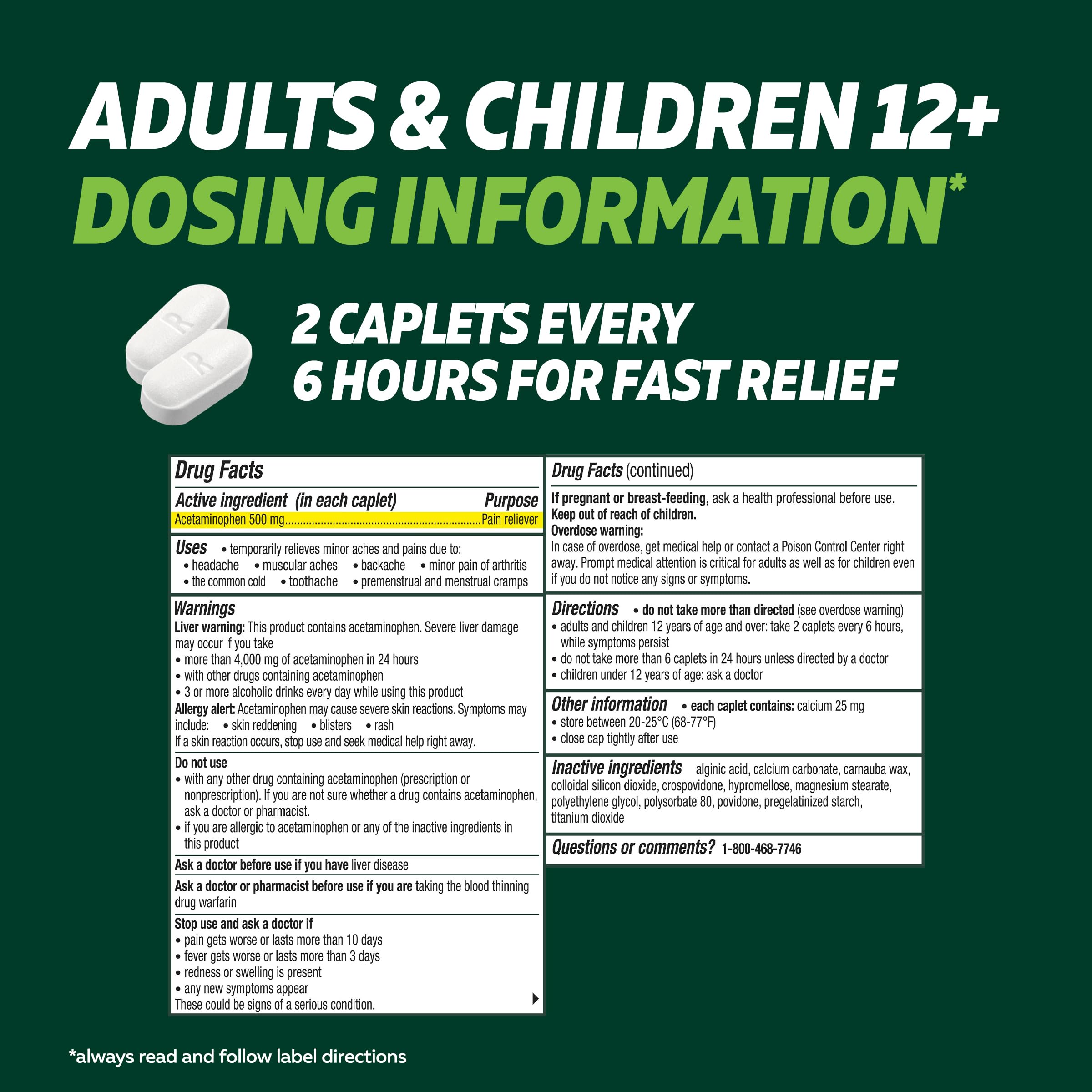 Excedrin Rapid Relief caplets with 500mg acetaminophen, 160 count, showing the medication packaging and caplet details