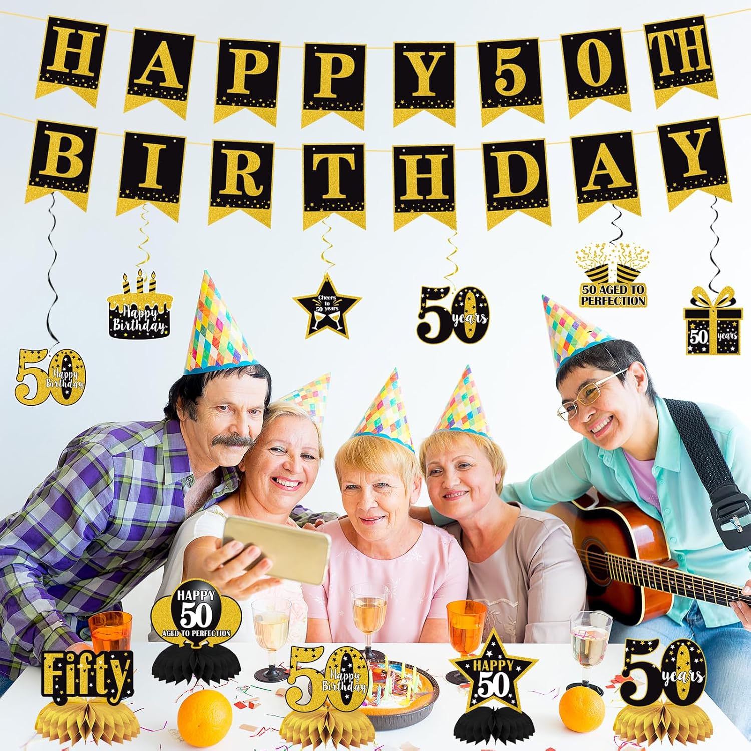 Trgowaul 50th birthday decorations for men and women, set of 22 black and gold celebratory party decor items.