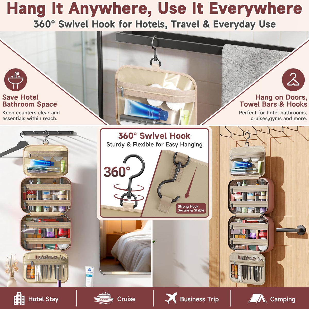 Travel Toiletry Bag for Women Hanging Makeup Organizer Clear - Voyree Official Product Imagery - 3