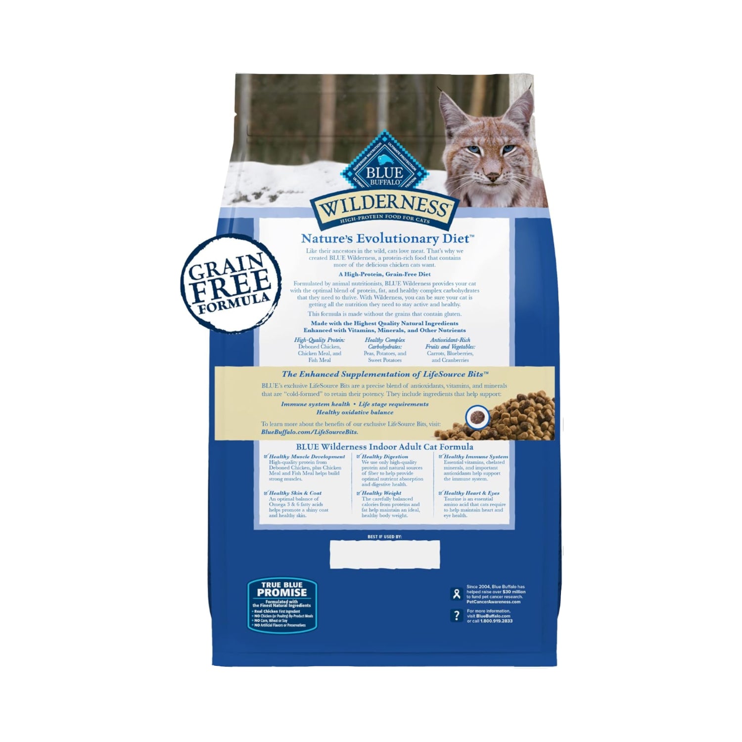 Blue Buffalo Wilderness adult dry cat food bag with high-protein chicken flavor for indoor cats, grain-free, 5-pound package.
