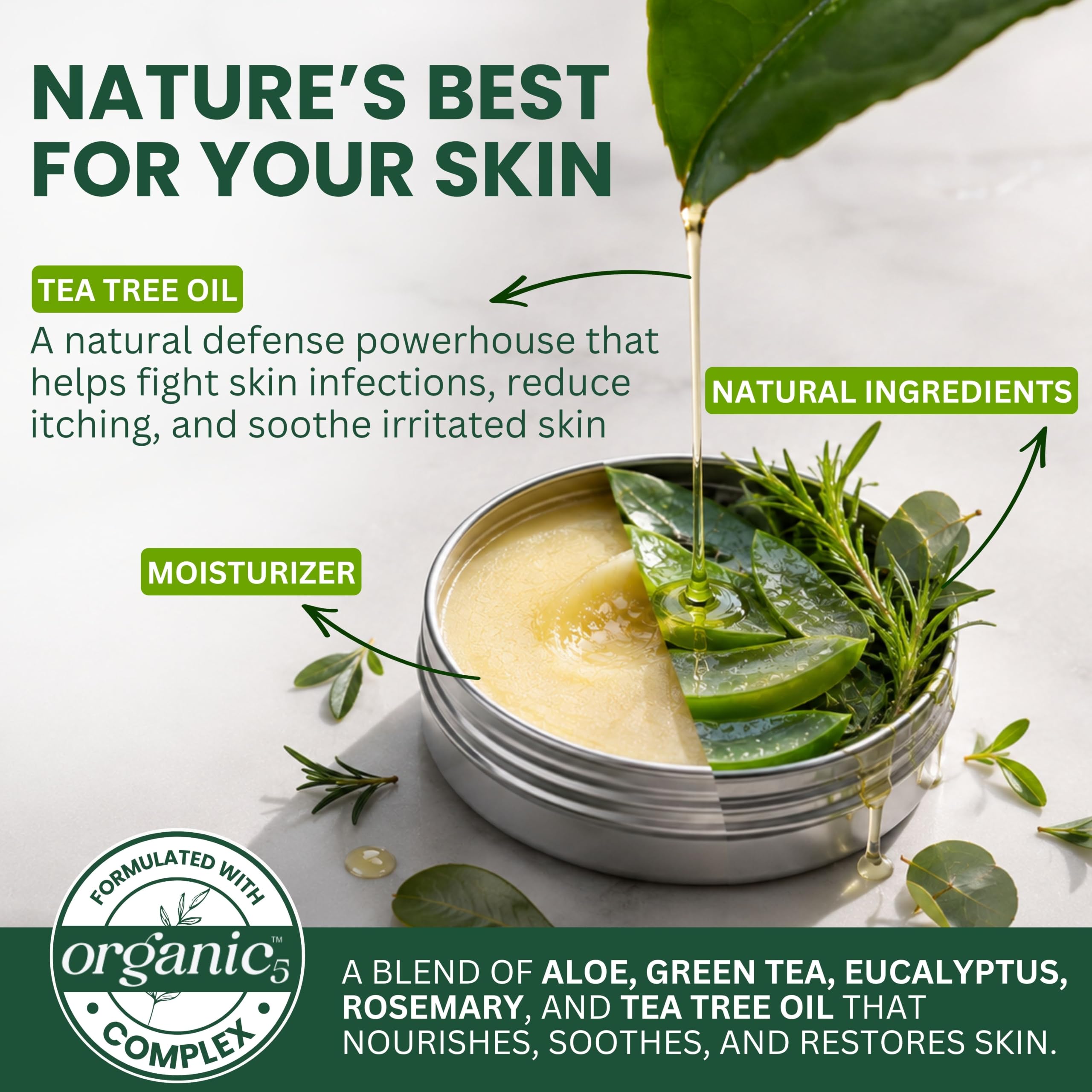 Kesmedik Tea Tree Oil Balm in a jar, antifungal skin moisturizer for soothing and relief of skin discomfort.