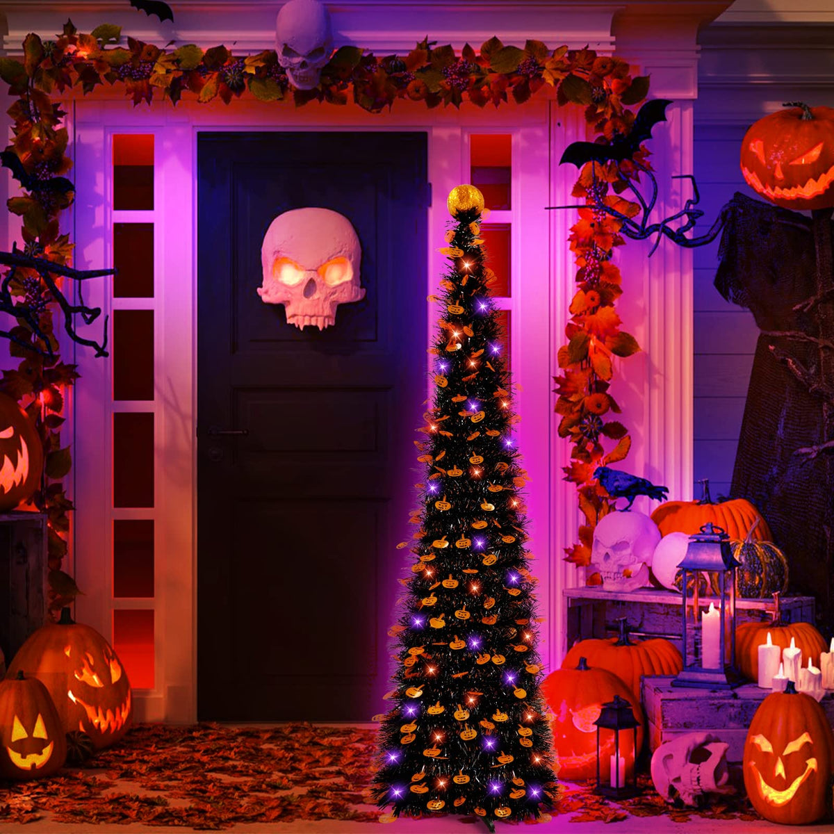 TURNMEON 5Ft Black Tinsel Halloween Tree with Lights - TURNMEON Official Imagery - 3