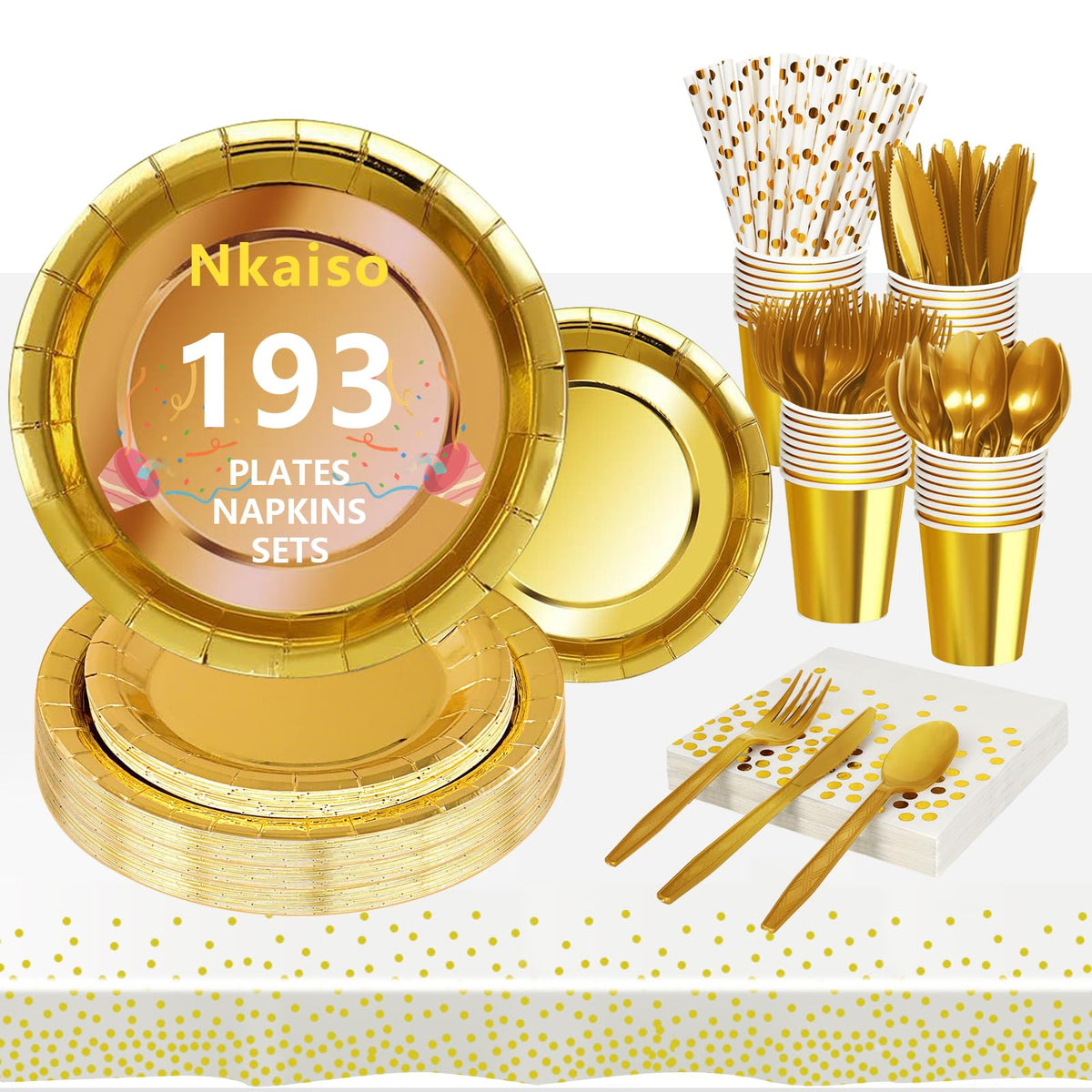 Nkaiso 193 Pcs Golden Paper Plates and Napkins Set for 24 - Nkaiso Official Imagery - 1