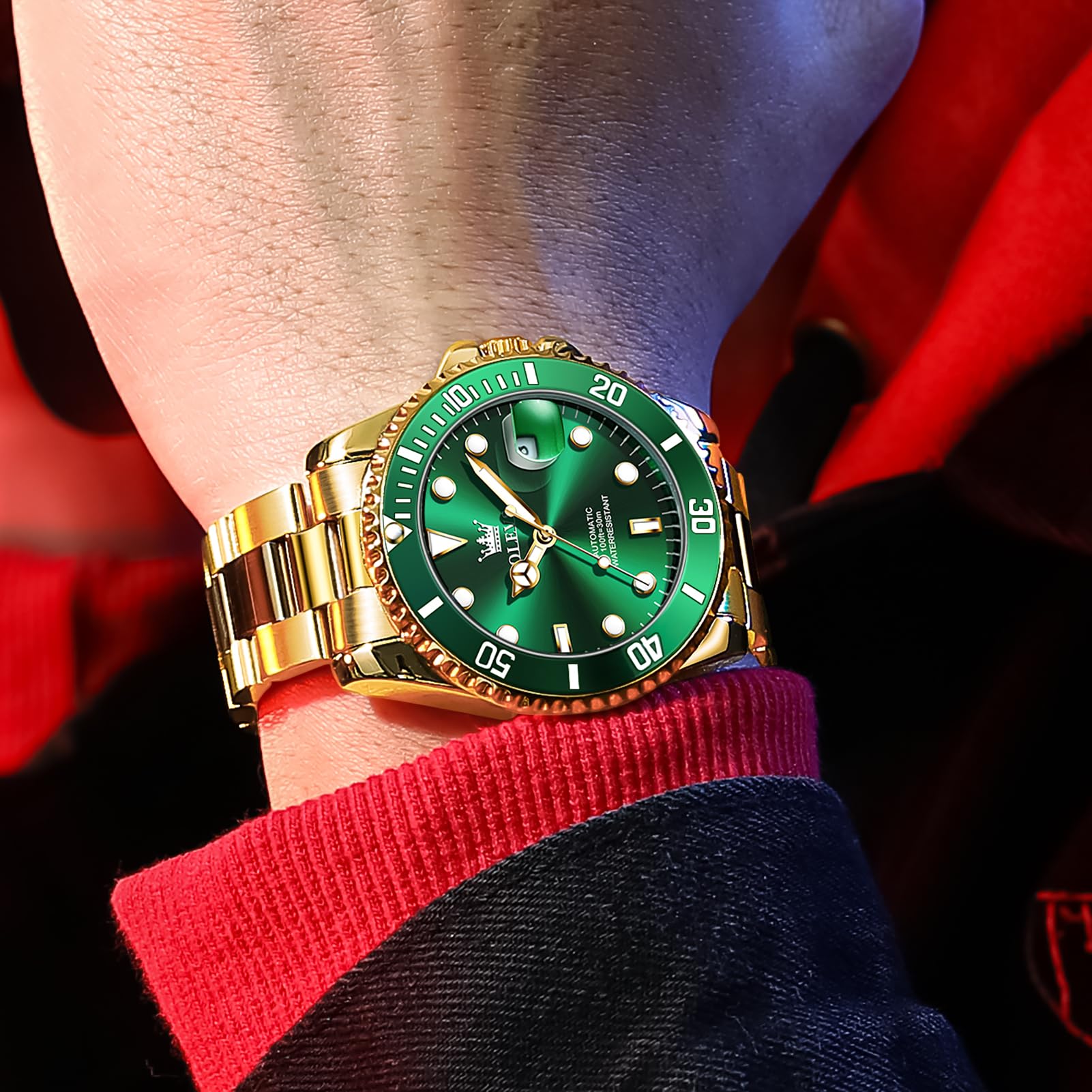 OLEVS Men's Luxury Gold Automatic Watch Green Dial Luminous