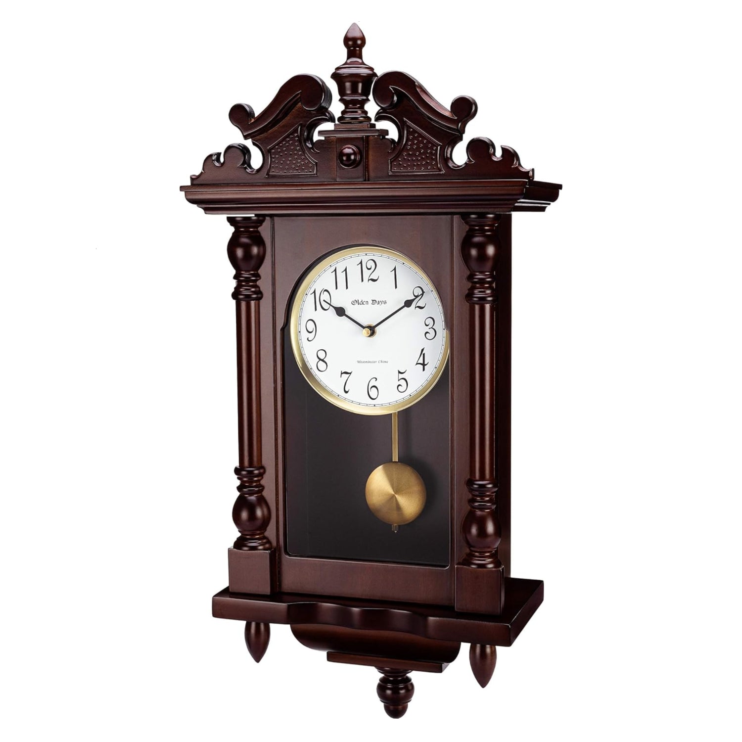 Olden Days wall clock with real wood case, antique vintage design, swinging pendulum, and 4 chime options, 22-inch large size