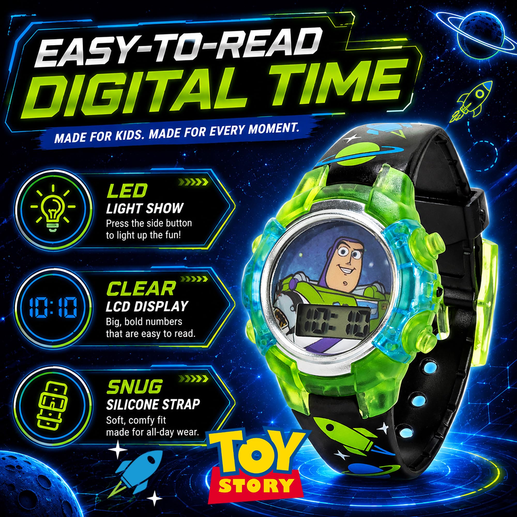 Accutime Disney Pixar Toy Story 4 Buzz Lightyear Kids Flashing LCD Wat - View 3