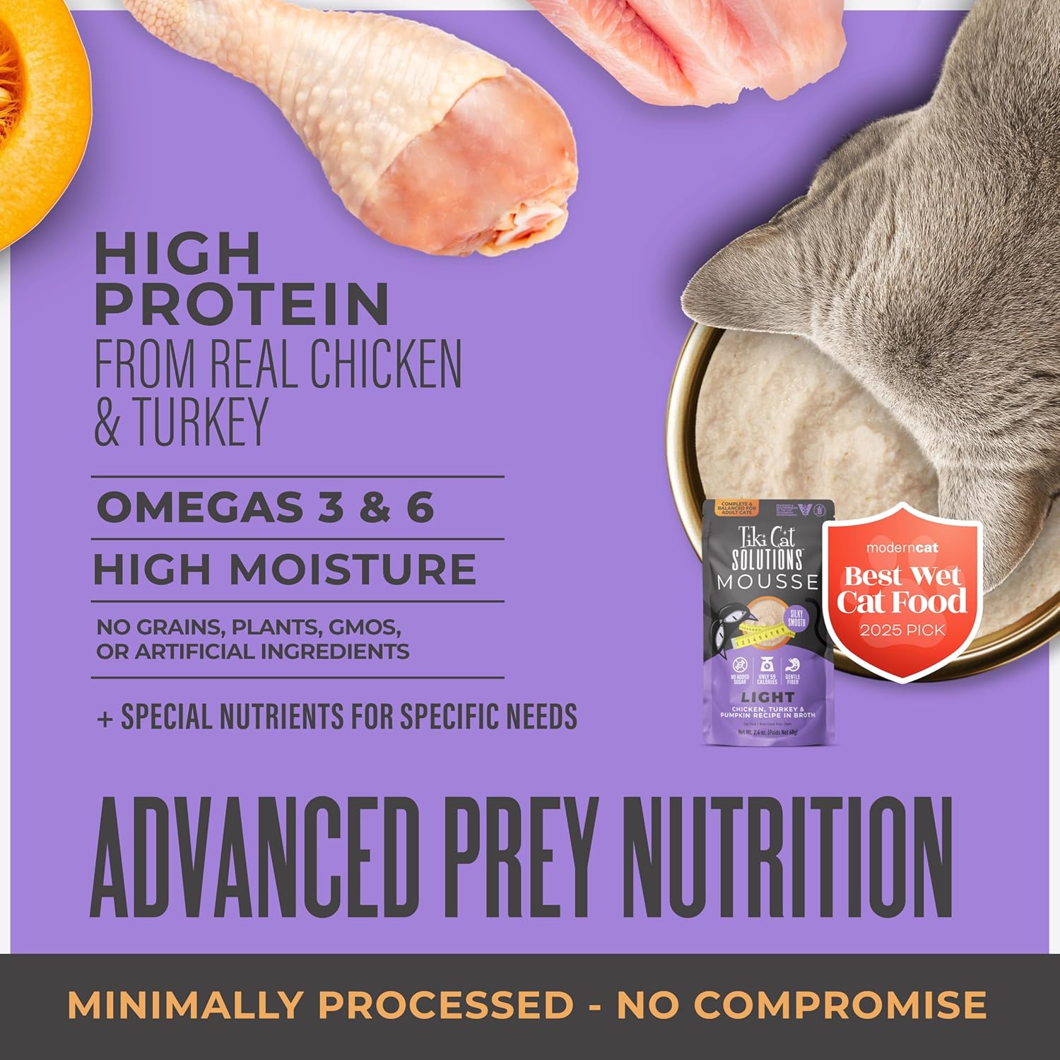 TIKI PETS Tiki Cat Solutions Light Mousse with chicken, turkey, and pumpkin in a creamy cat food serving dish.