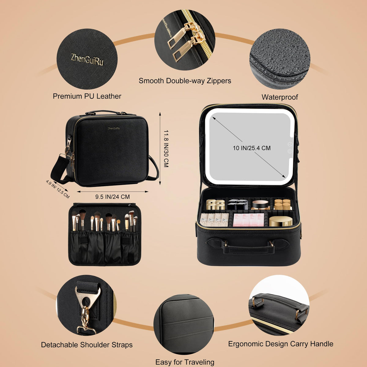 SJD Travel Makeup Bag with LED Mirror Portable Cosmetic Case - SJD LACE Official Imagery - 4