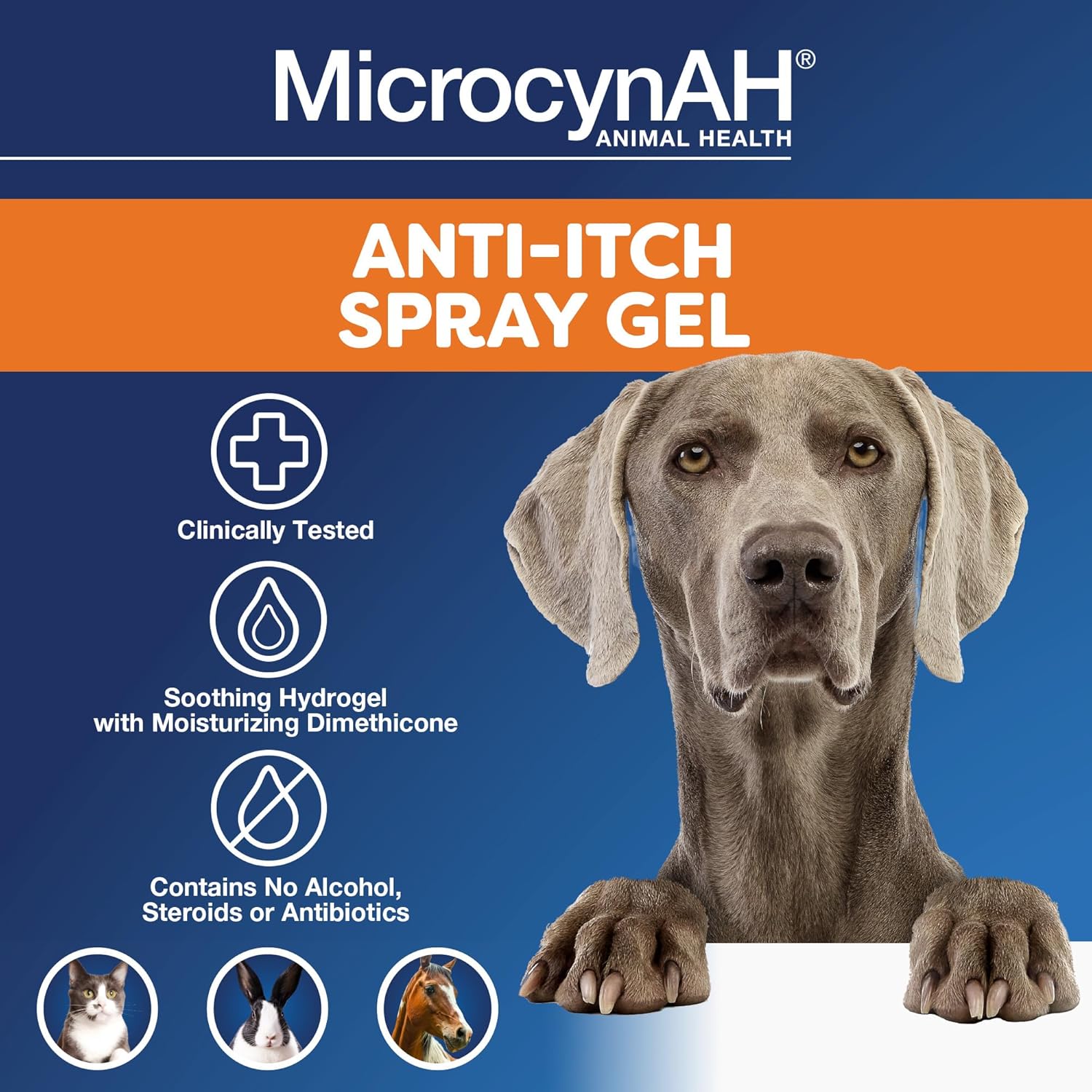 MicrocynAH Anti-Itch Spray Gel by Manna Pro showing soothing hydrogel with Dimethicone for horse and rabbit skin relief.