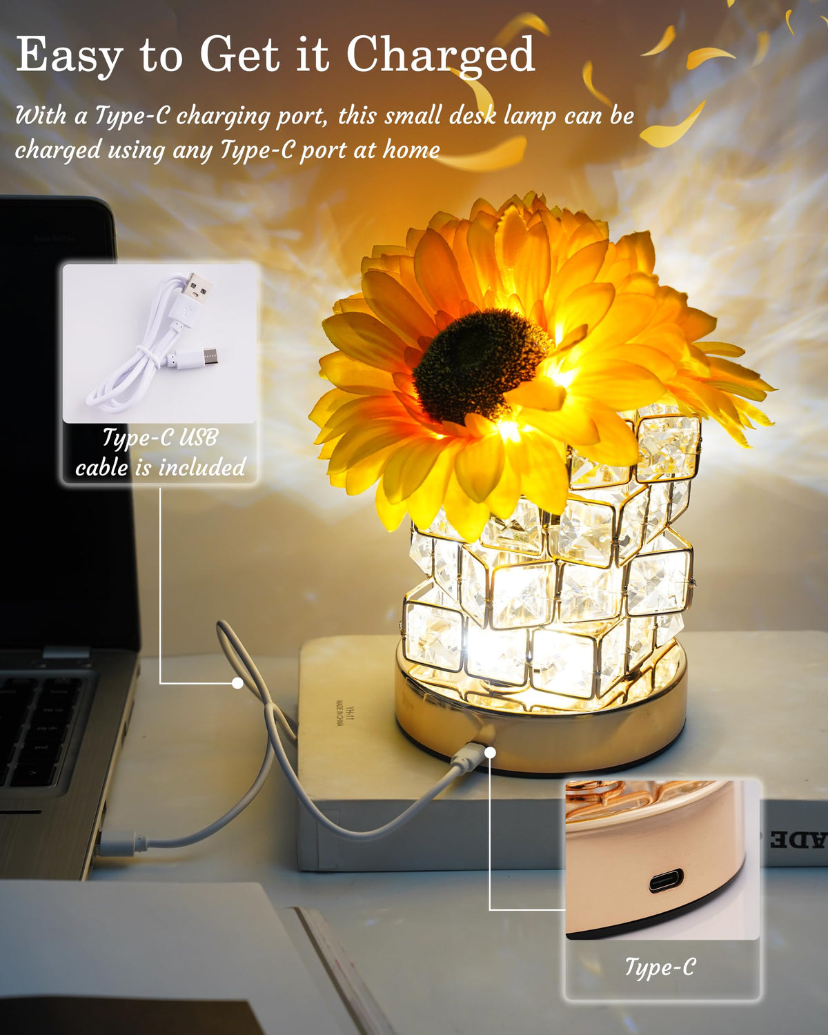 Cordless Sun Flower Lamp Adjustable Touch Crystal Night - JPGEW Official Imagery - 6