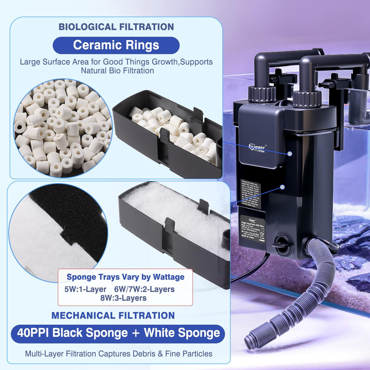 hygger Hang On Back Aquarium Filter with Debris Collection - hygger Official Imagery - 4