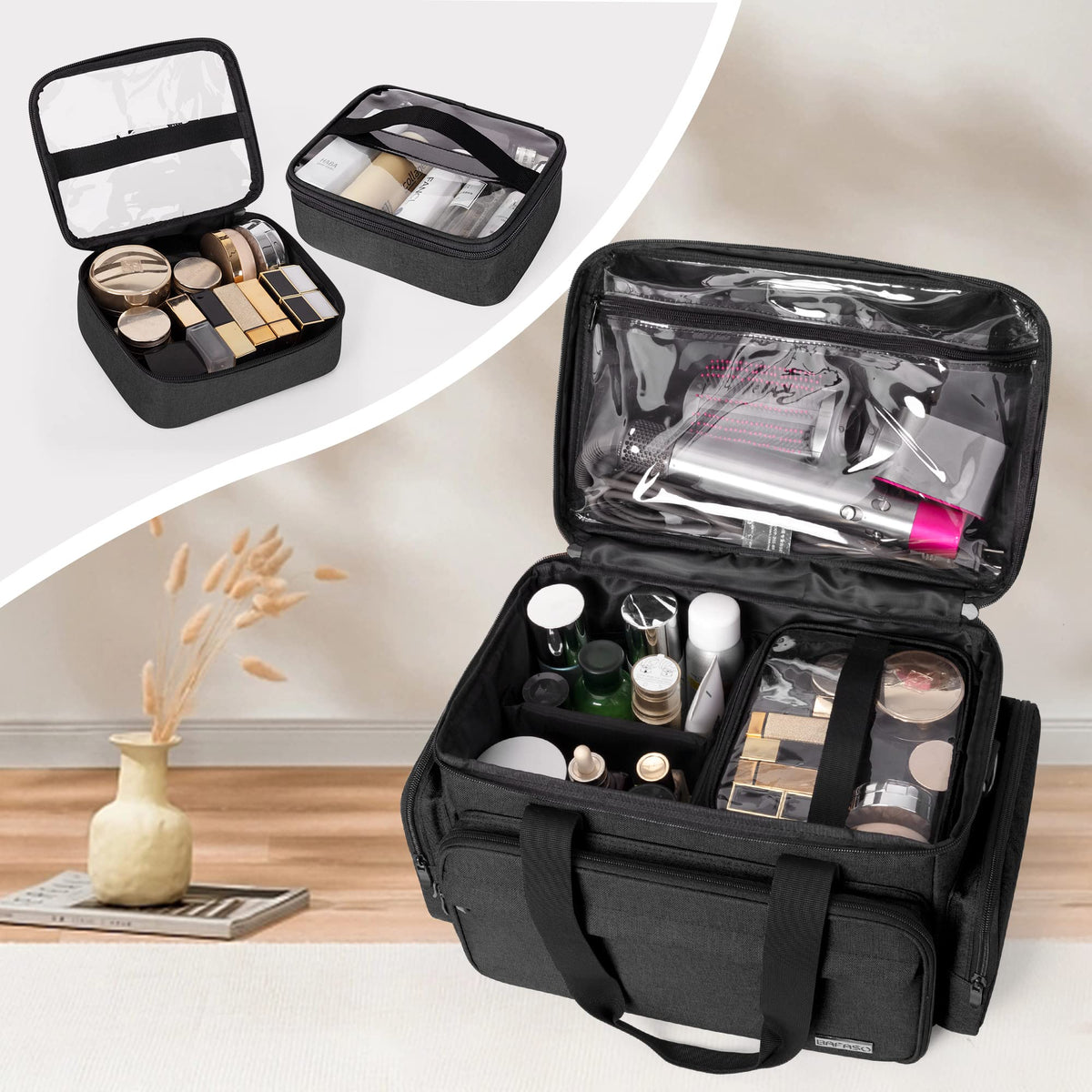 Makeup Bag with 2 Removable Pouches and Detachable Dividers - BAFASO Official Imagery - 3