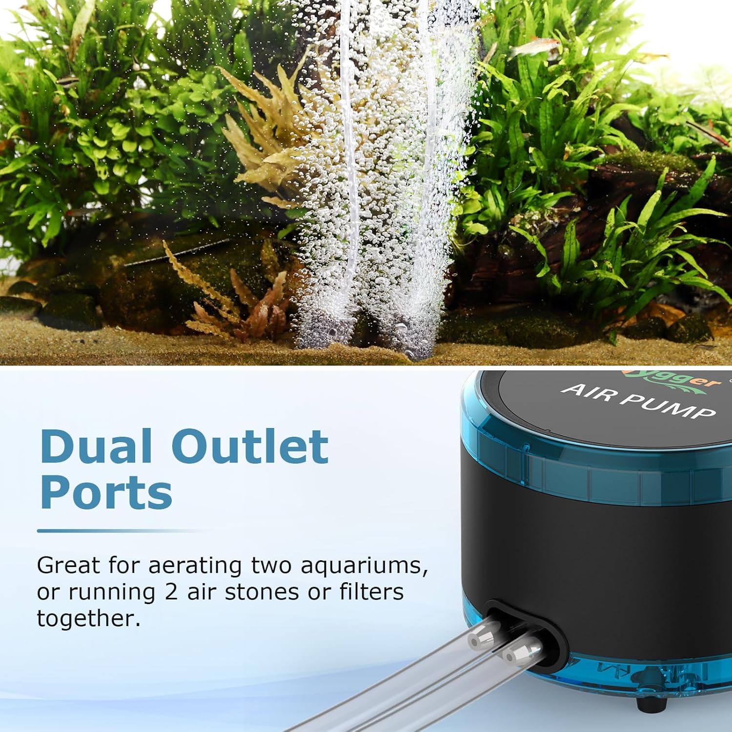 hygger aquarium air pump with dual outlets, quiet 4W/8W fish tank aerator, adjustable oxygen supply for healthy aquatic life